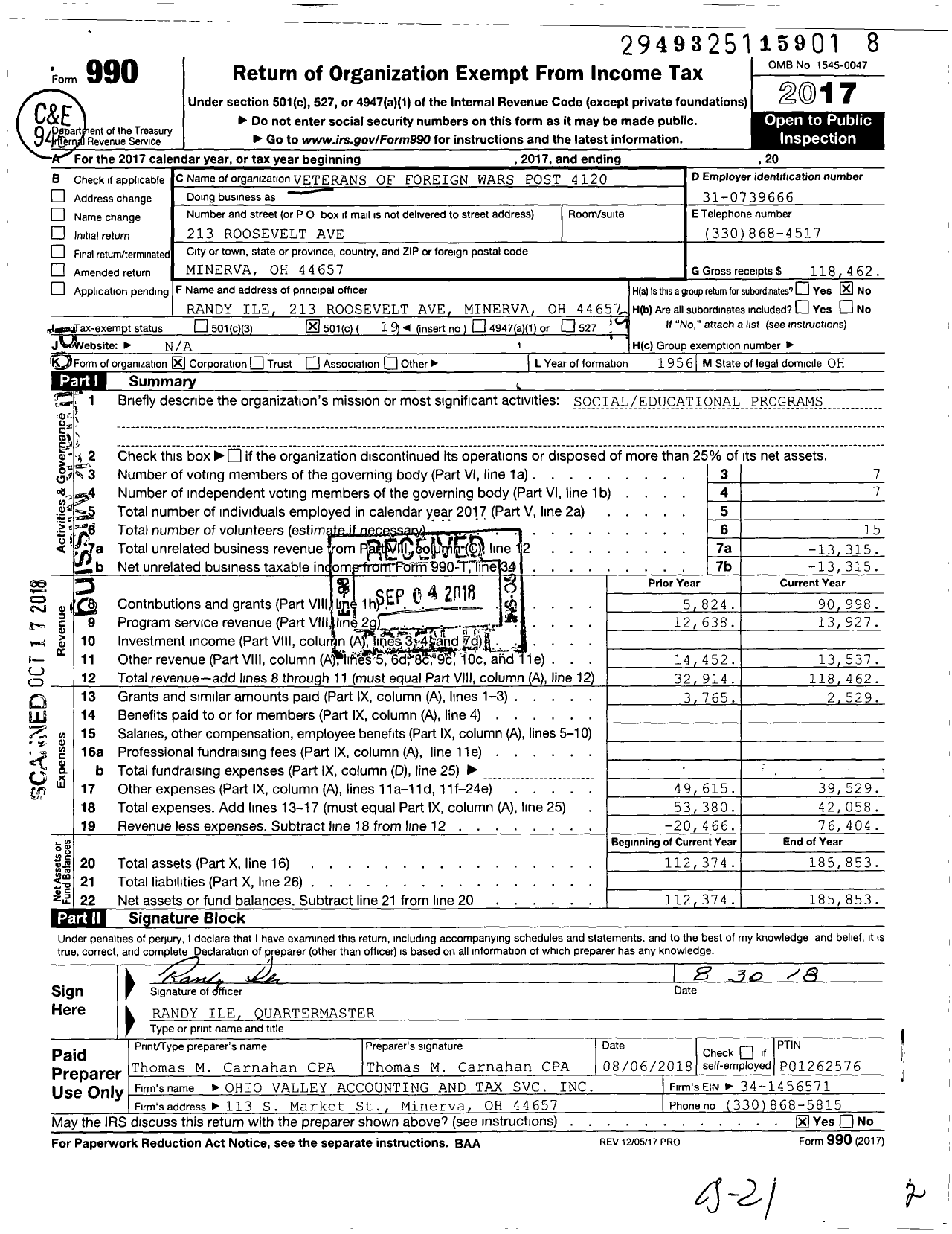 Image of first page of 2017 Form 990O for Ohio VFW - Veterans of Foreign Wars Post 4120