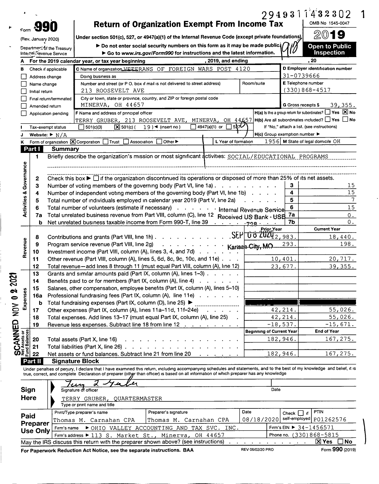 Image of first page of 2019 Form 990O for Ohio VFW - Veterans of Foreign Wars Post 4120