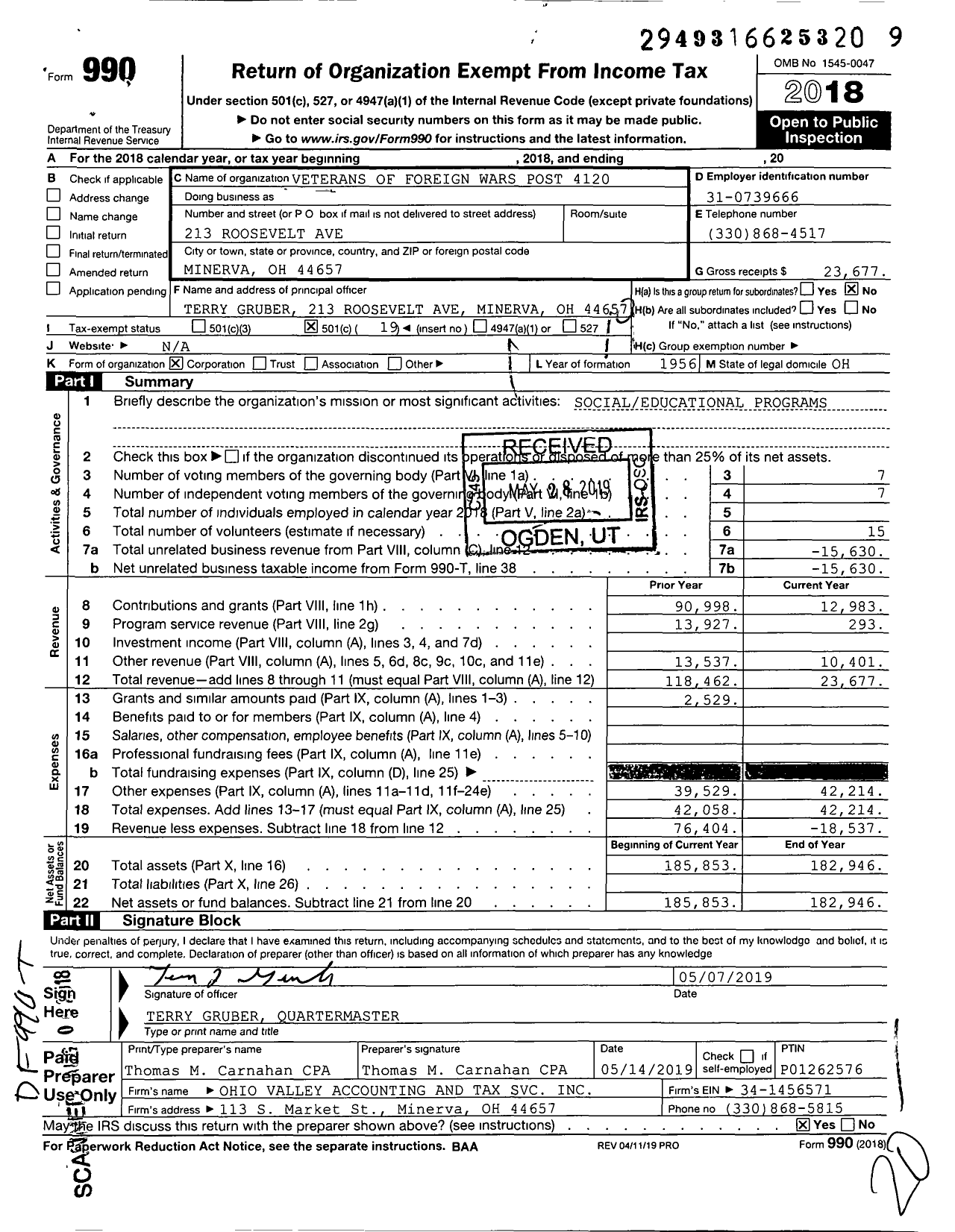 Image of first page of 2018 Form 990O for Ohio VFW - Veterans of Foreign Wars Post 4120