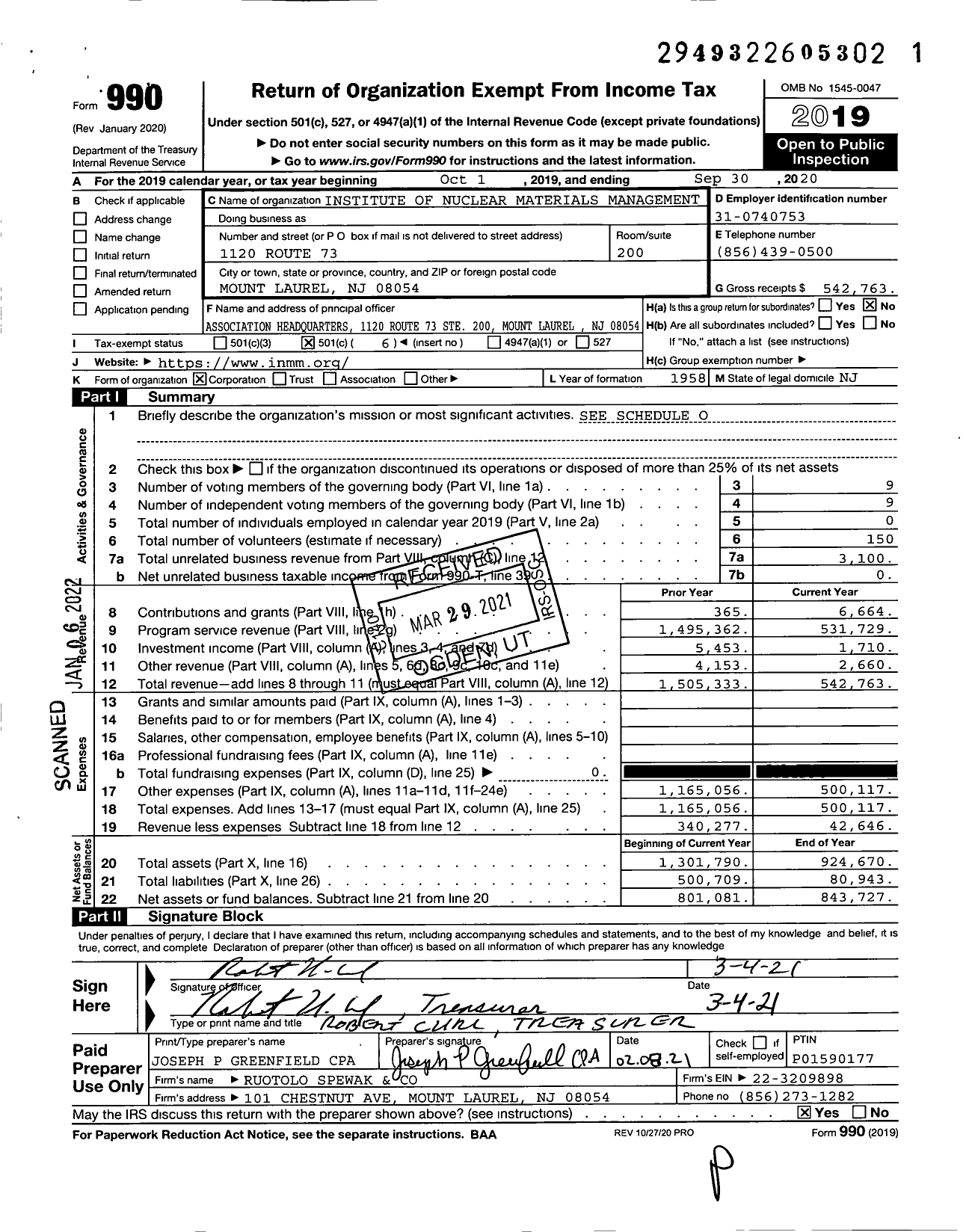 Image of first page of 2019 Form 990O for Institute of Nuclear Materials Management (INMM)