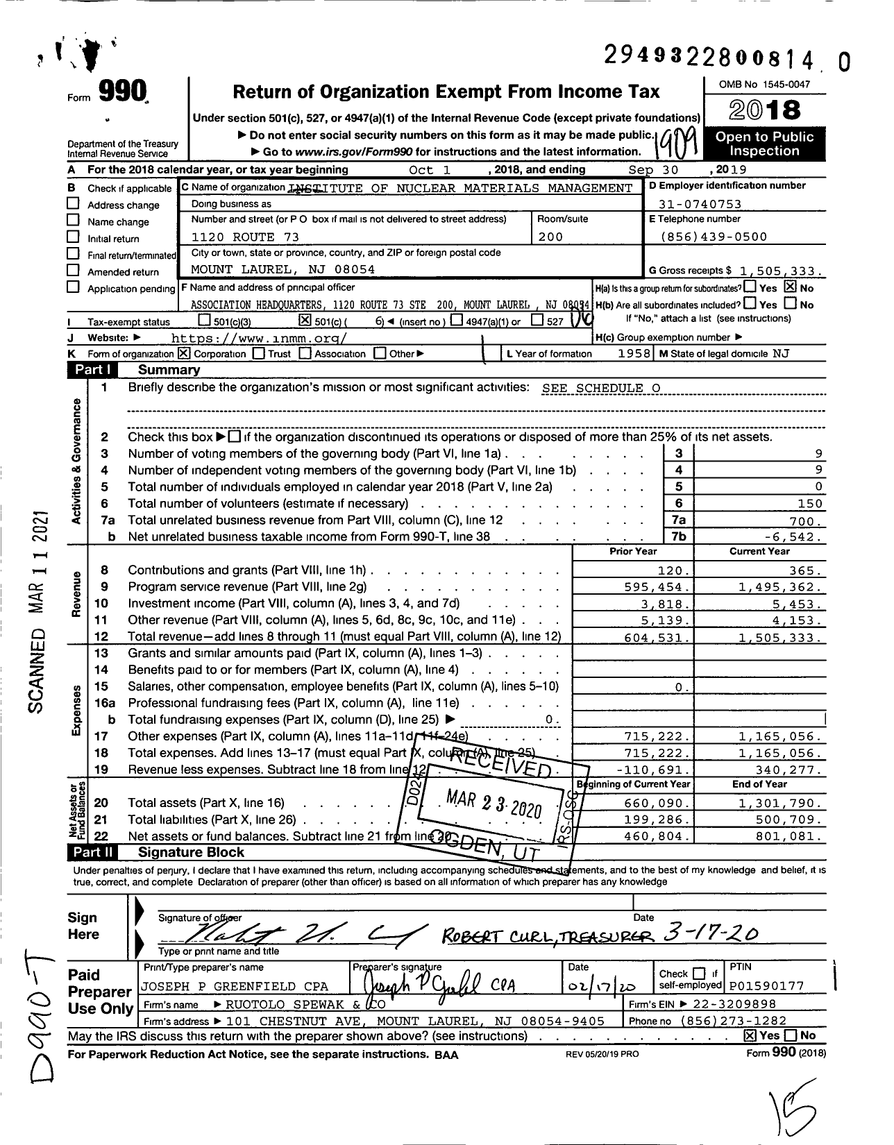 Image of first page of 2018 Form 990O for Institute of Nuclear Materials Management (INMM)