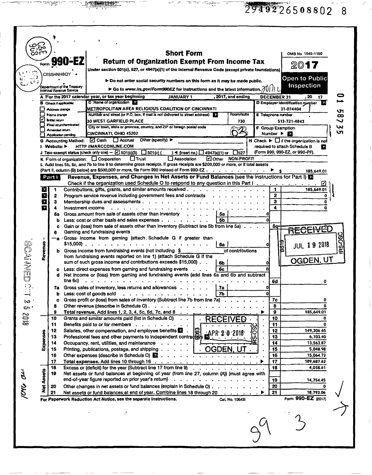 Image of first page of 2017 Form 990EZ for Metropolitan Area Religious Coalition of Cincinnati