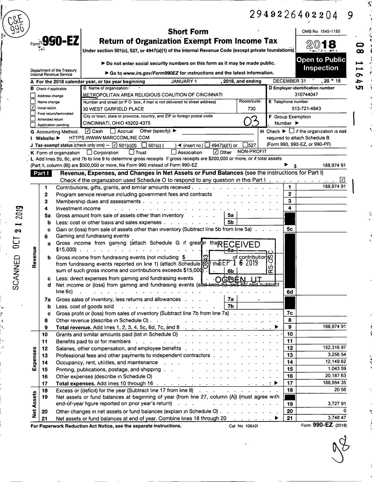 Image of first page of 2018 Form 990EZ for Metropolitan Area Religious Coalition of Cincinnati