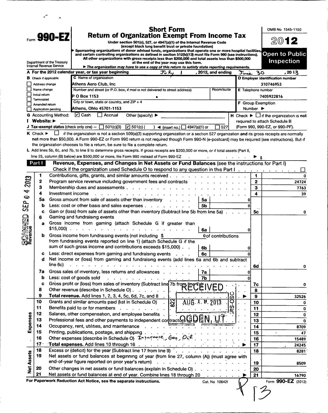 Image of first page of 2012 Form 990EO for Athens Aero Club