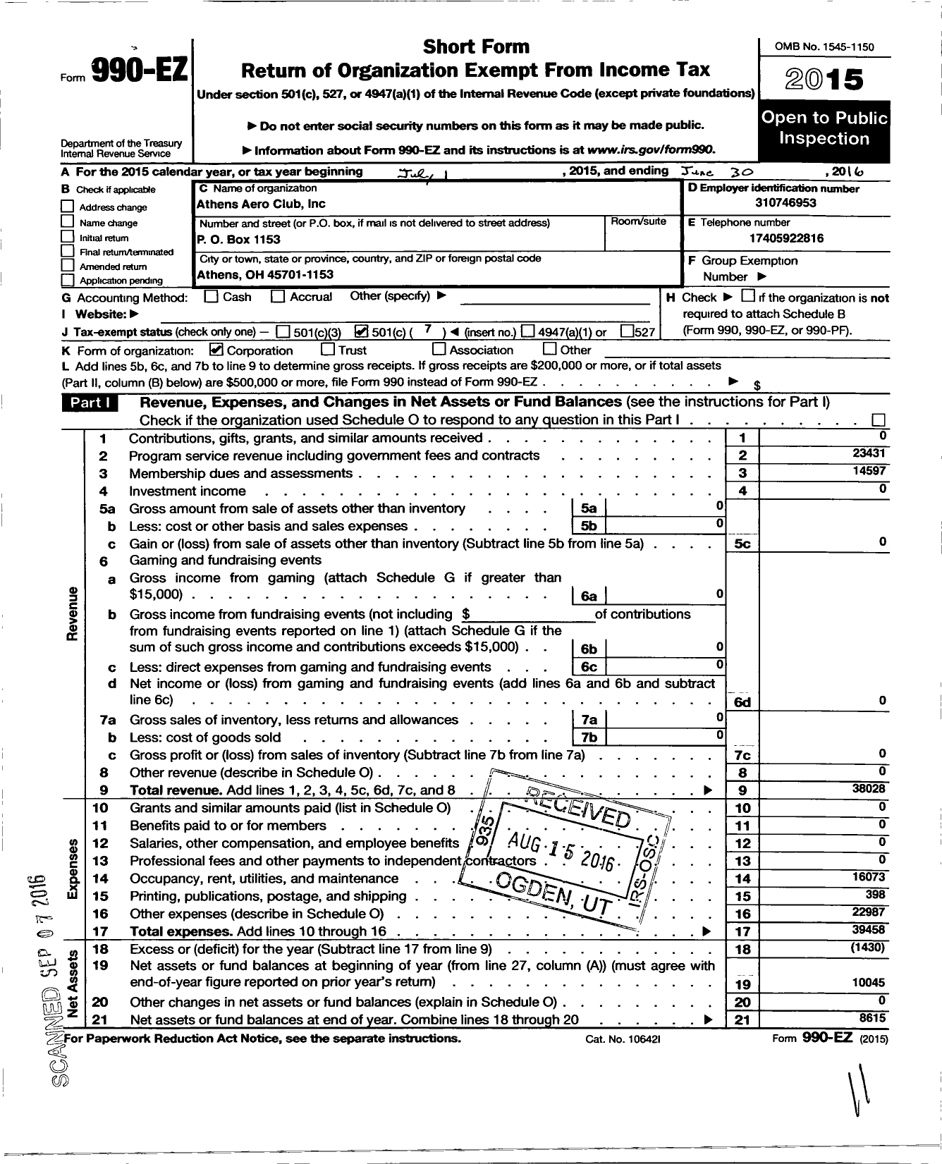 Image of first page of 2015 Form 990EO for Athens Aero Club