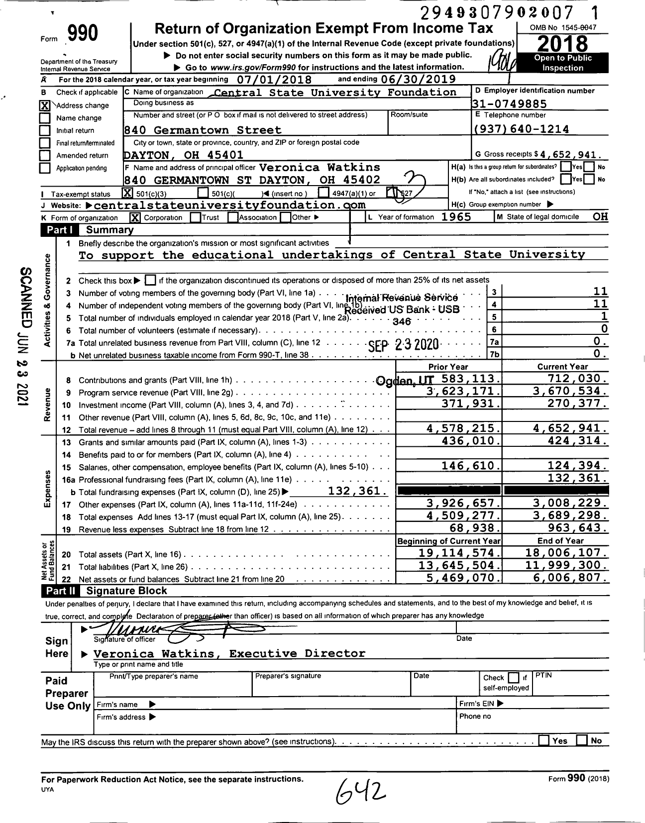 Image of first page of 2018 Form 990 for Central State University Foundation