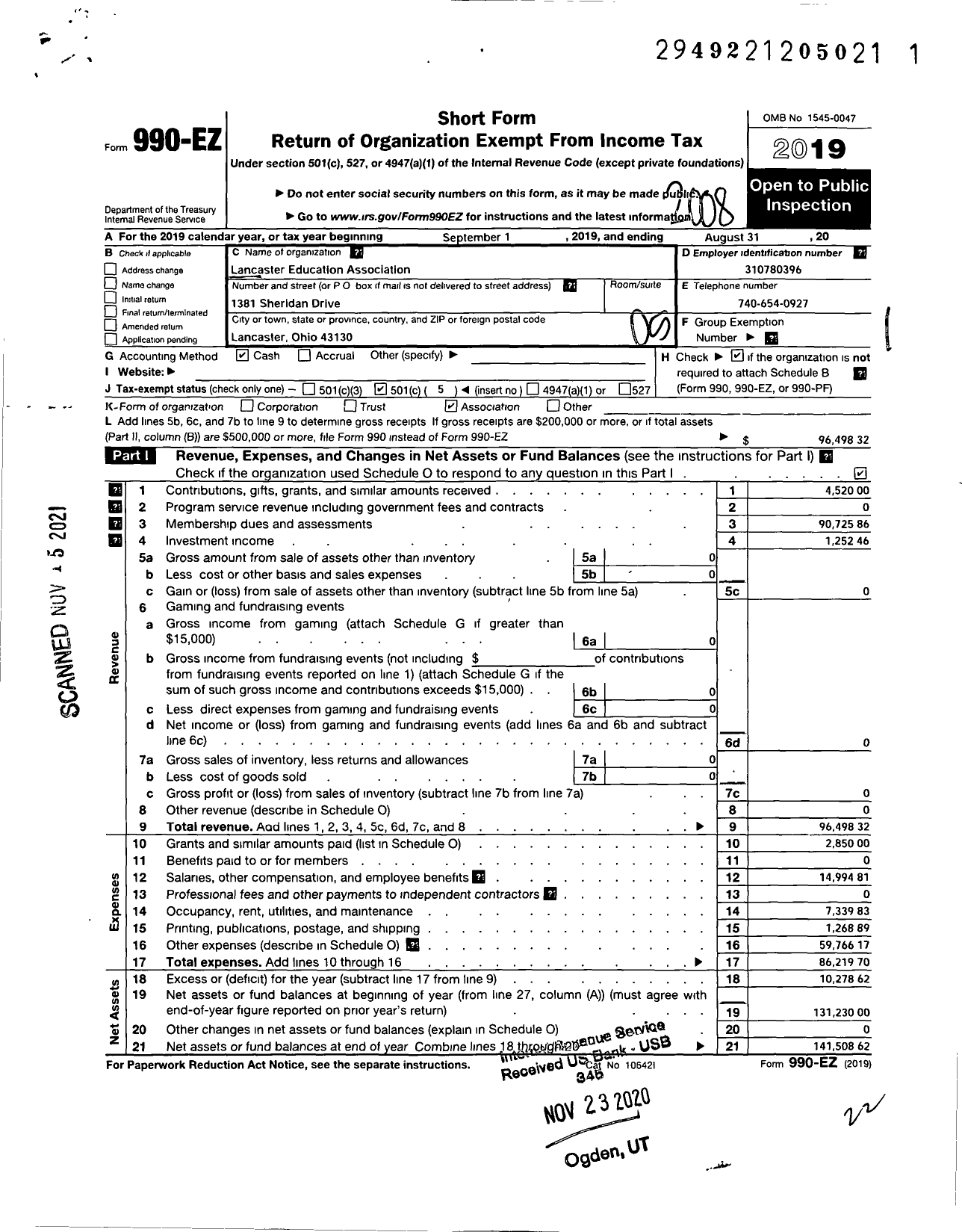 Image of first page of 2019 Form 990EO for Lancaster Education Association (LEA)