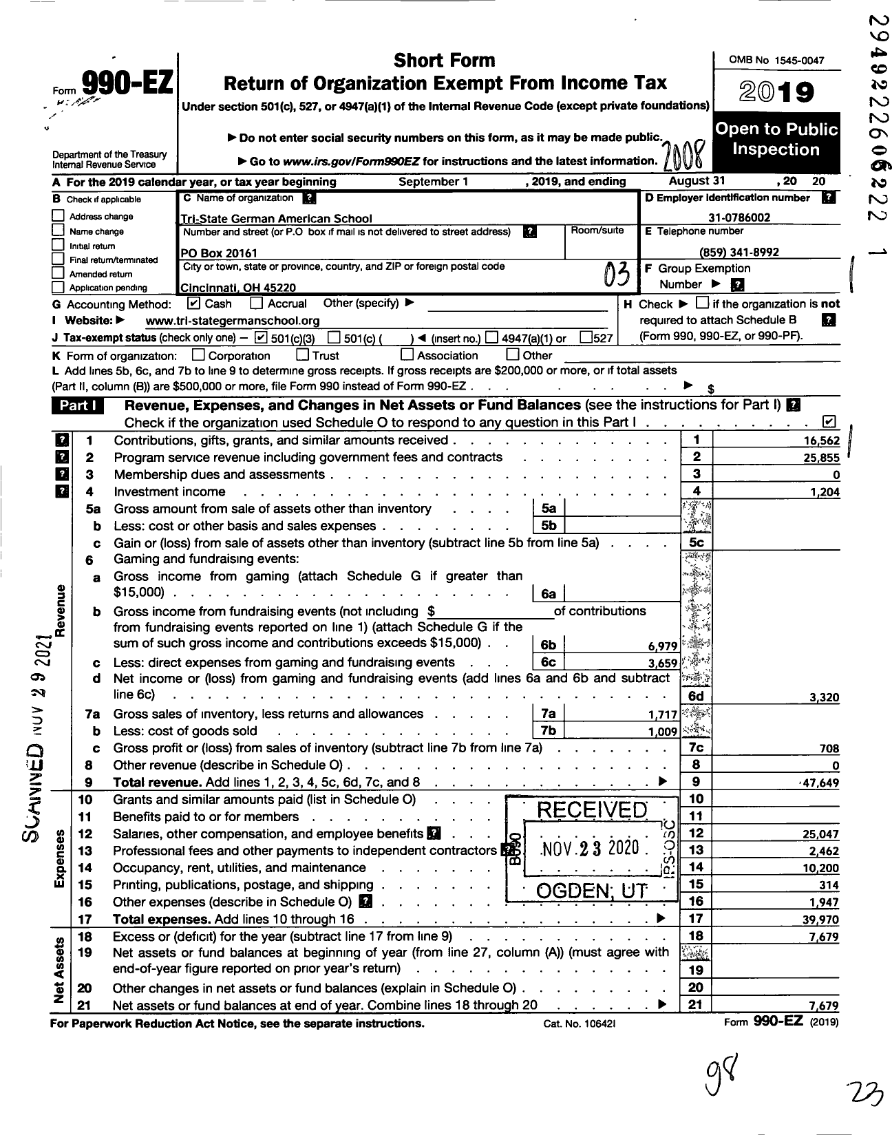 Image of first page of 2019 Form 990EZ for Tri-State German-American School