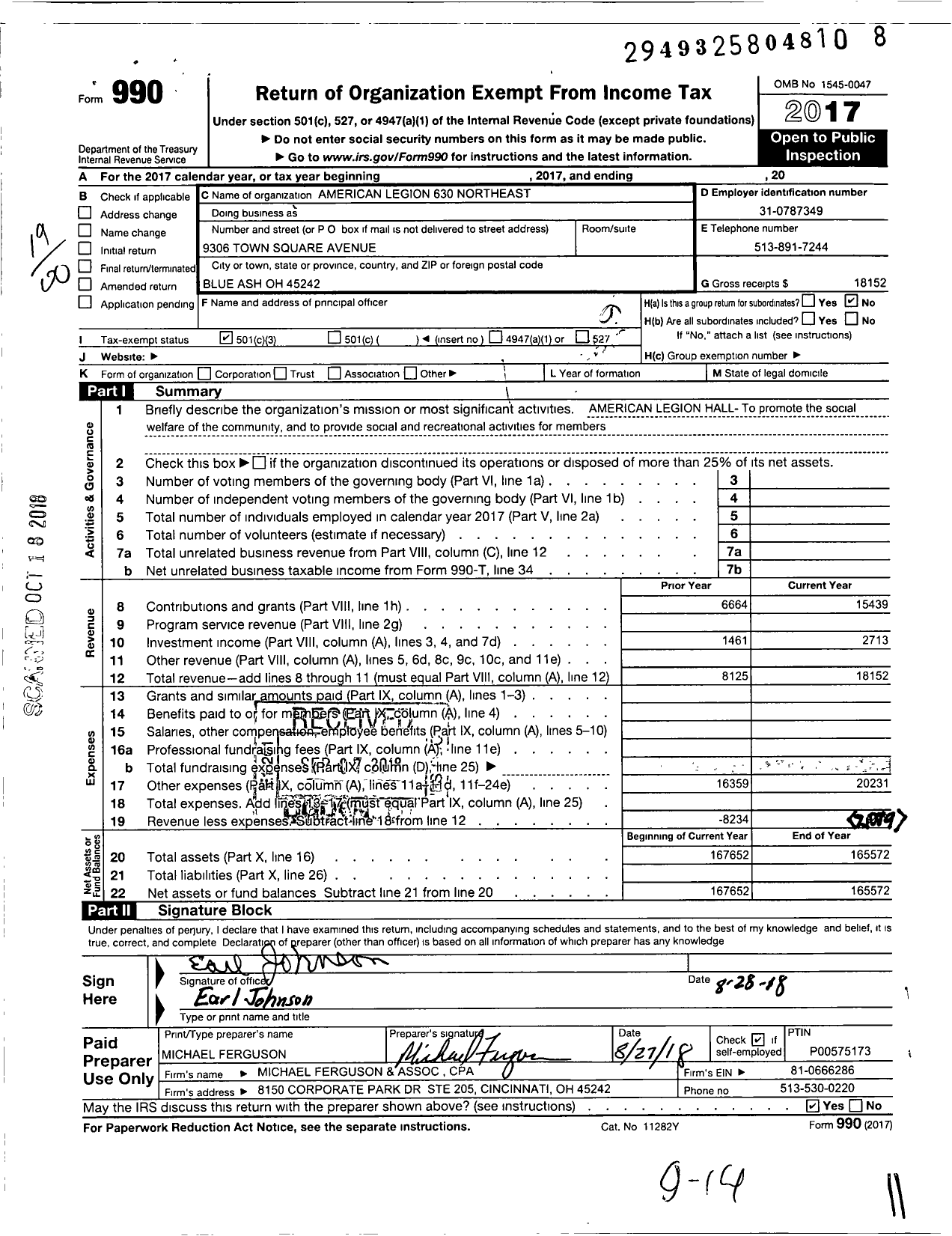 Image of first page of 2017 Form 990O for American Legion - 0630 Northeast