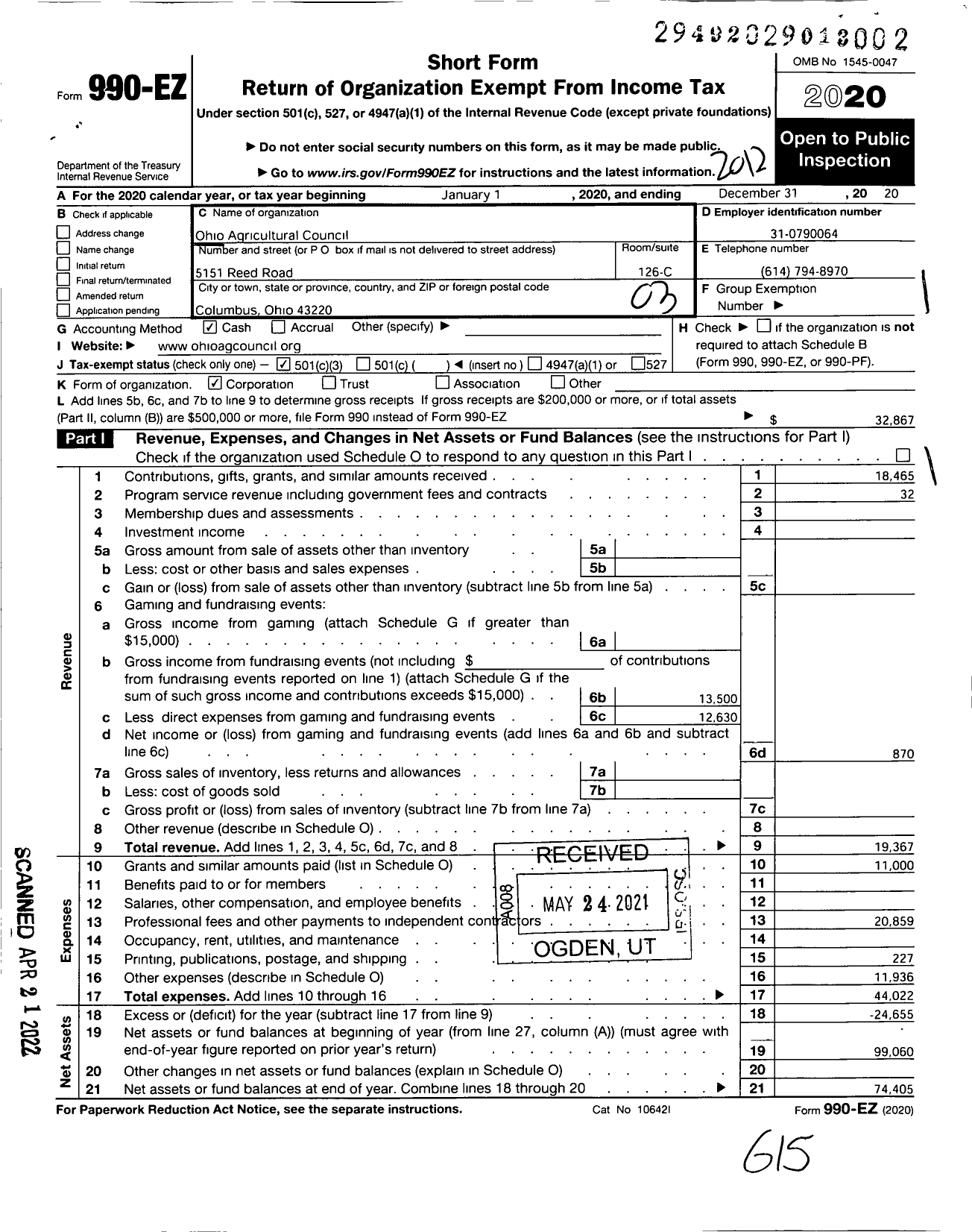 Image of first page of 2020 Form 990EZ for Ohio Agricultural Council