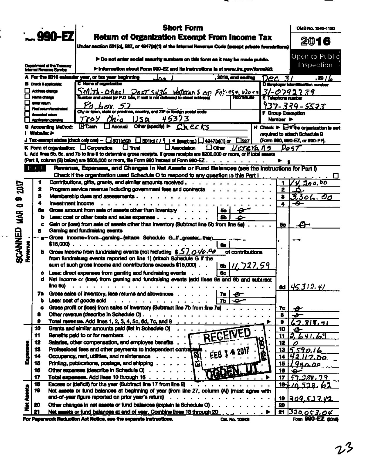 Image of first page of 2016 Form 990EO for Ohio VFW - Veterans of Foreign Wars of the United States Department of Ohio