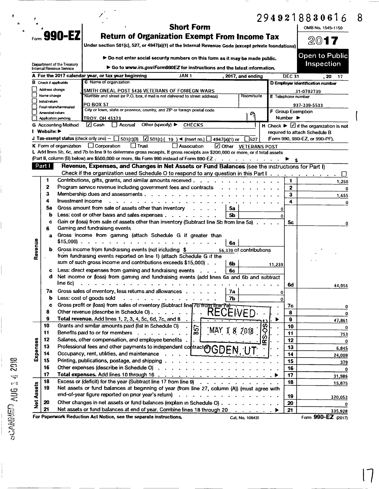 Image of first page of 2017 Form 990EO for Ohio VFW - Veterans of Foreign Wars of the United States Department of Ohio