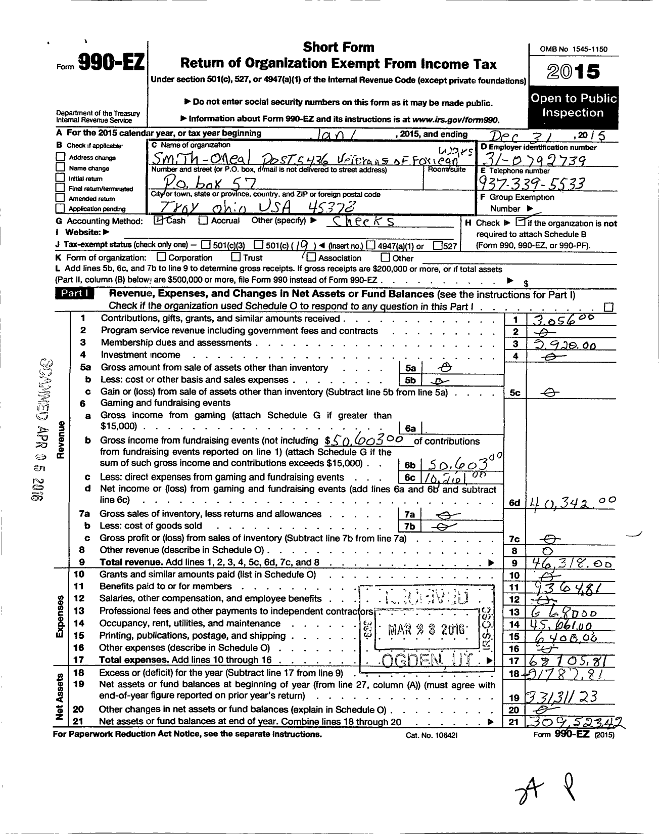 Image of first page of 2015 Form 990EO for Ohio VFW - Veterans of Foreign Wars of the United States Department of Ohio