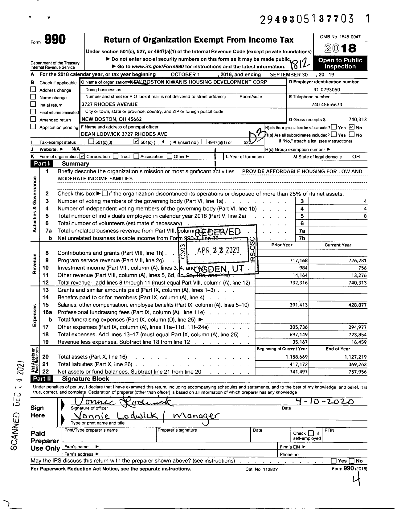 Image of first page of 2018 Form 990 for New Boston Kiwanis Housing Development Corporation