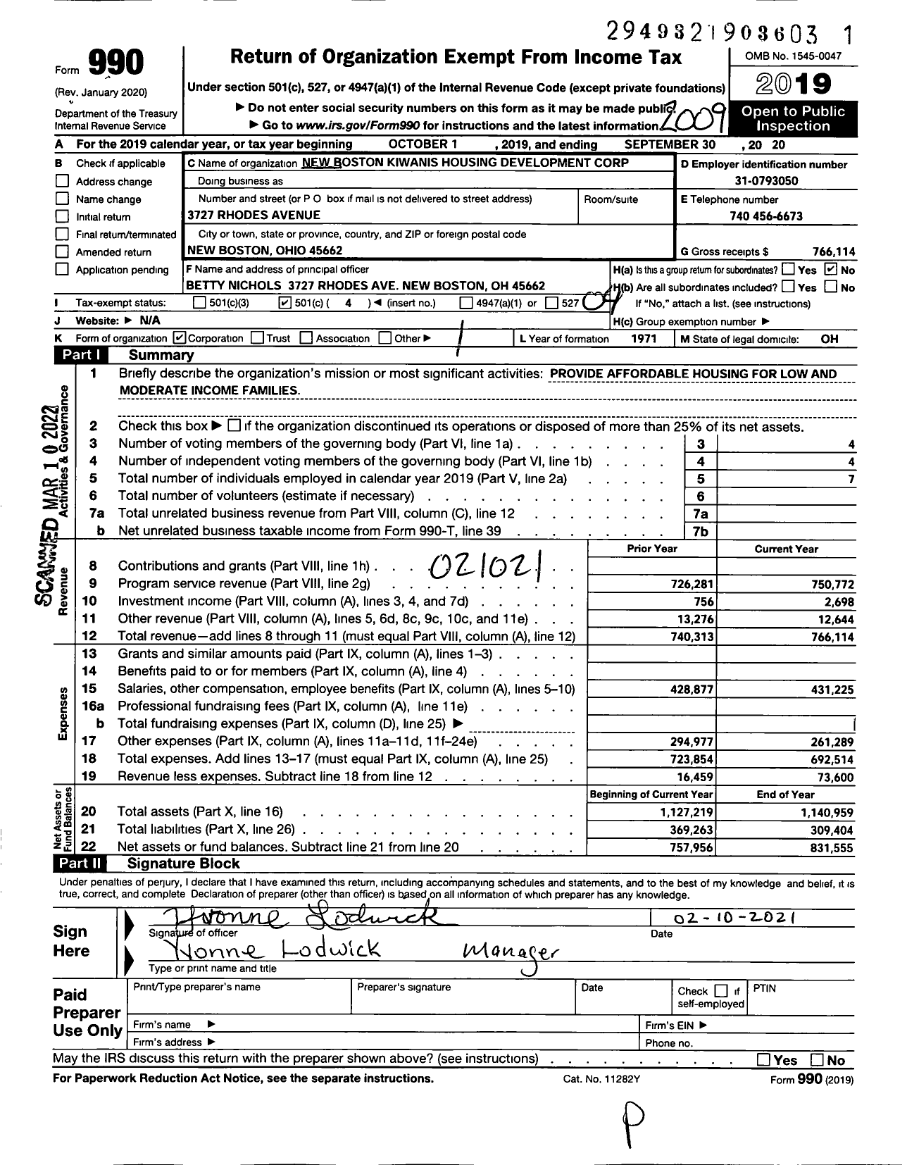 Image of first page of 2019 Form 990O for New Boston Kiwanis Housing Development Corporation