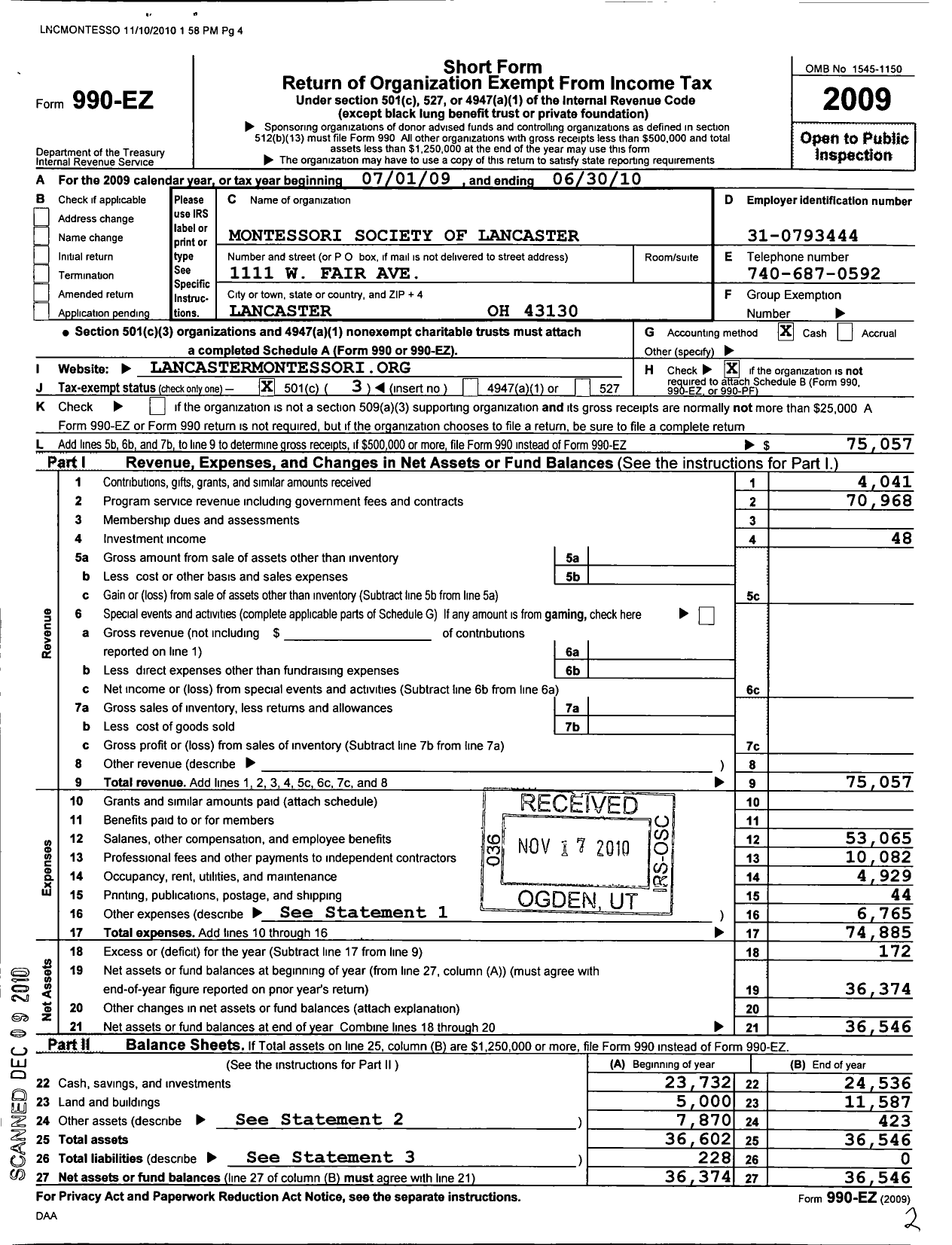 Image of first page of 2039 Form 990EZ for Montessori Society of Lancaster