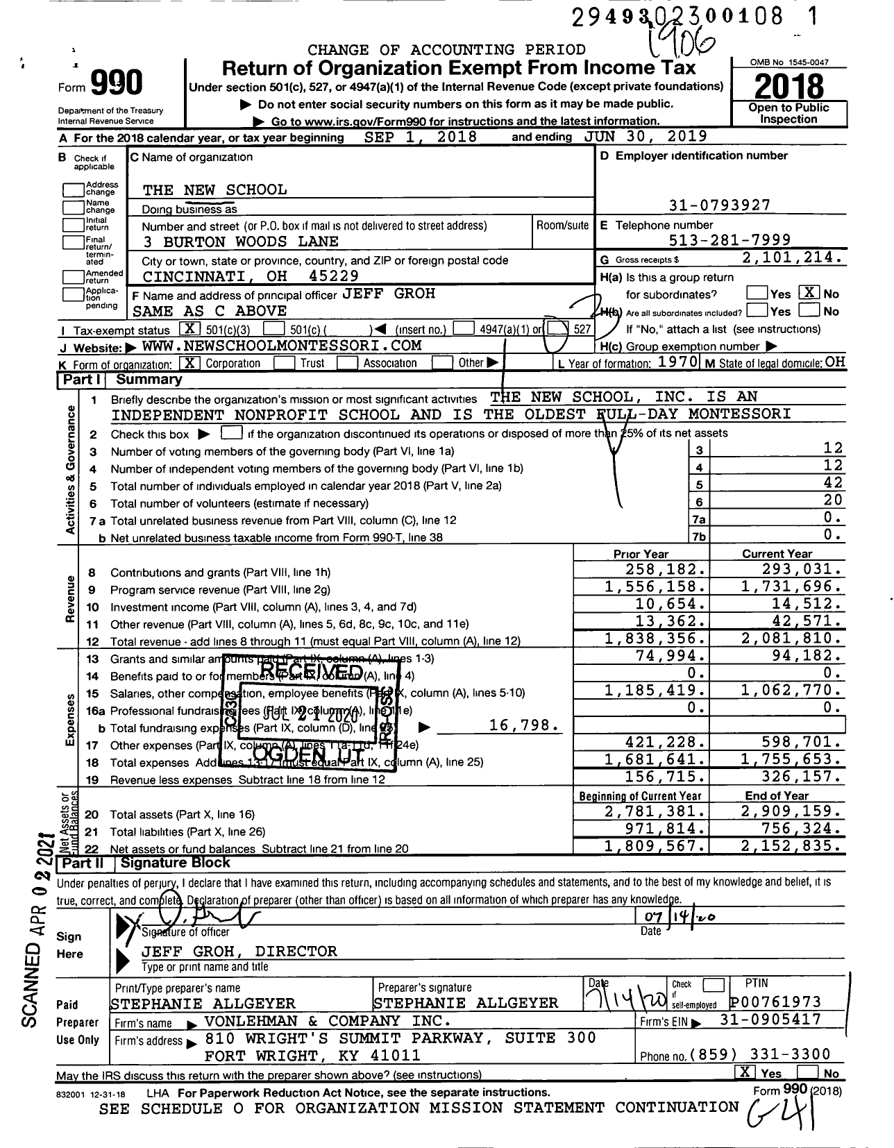 Image of first page of 2018 Form 990 for The New School