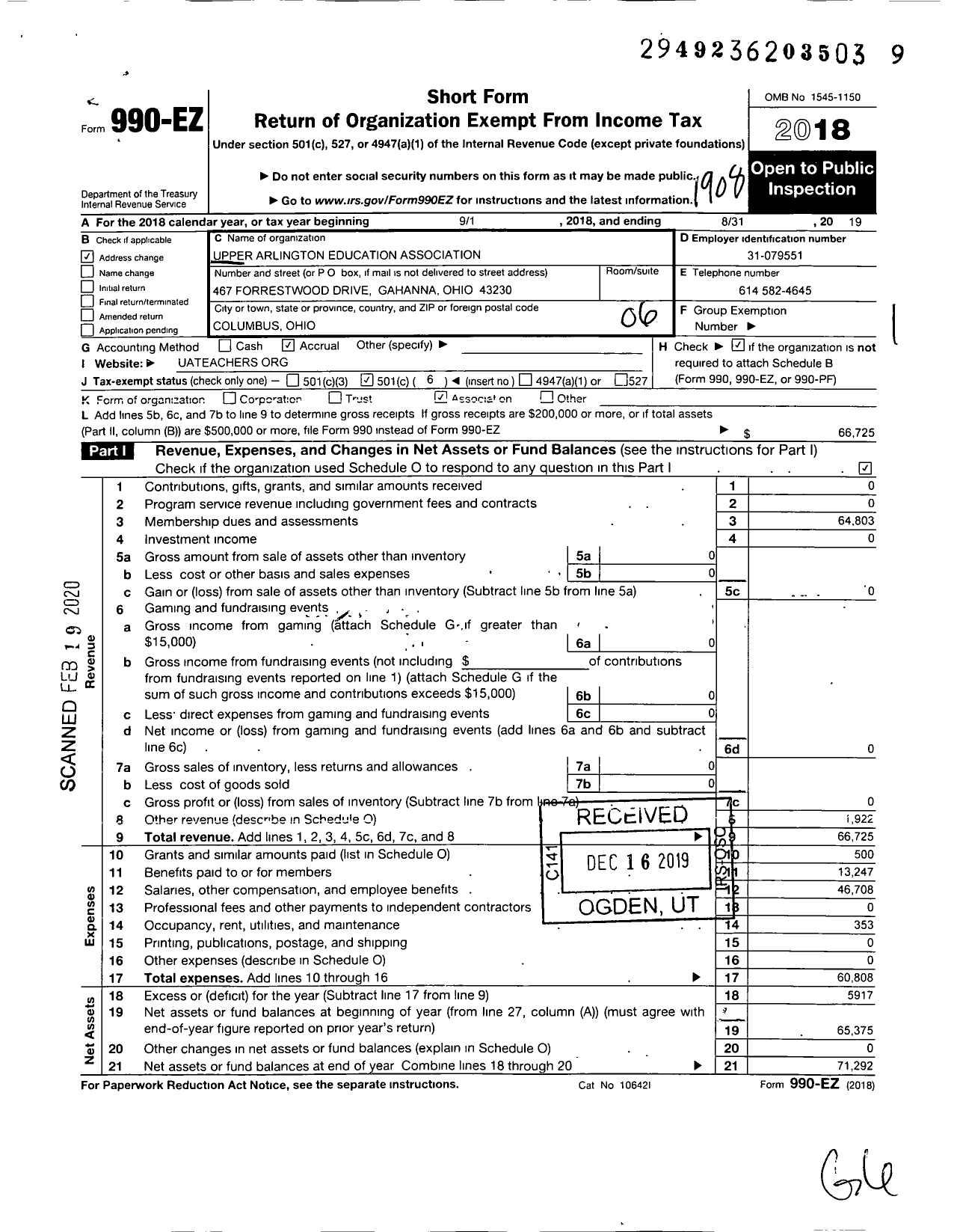 Image of first page of 2018 Form 990EO for Upper Arlington Education Association