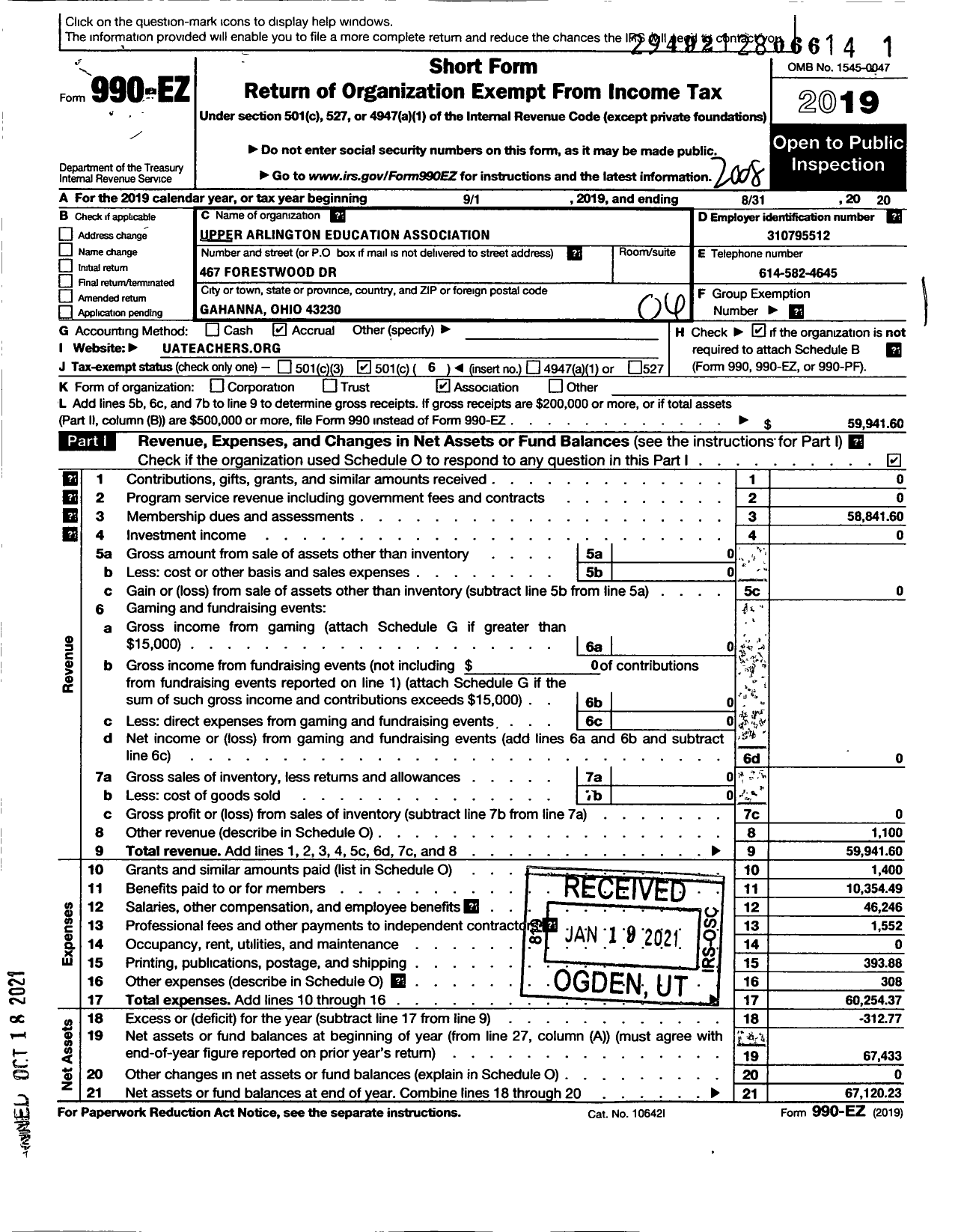 Image of first page of 2019 Form 990EO for Upper Arlington Education Association