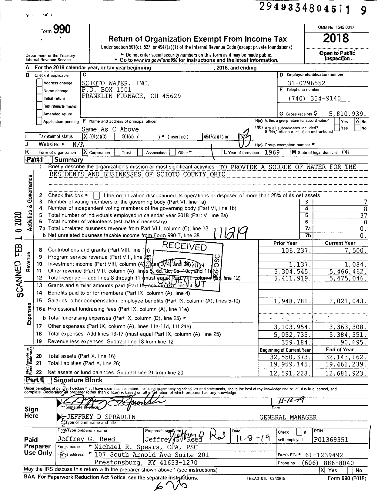 Image of first page of 2018 Form 990 for Scioto Water