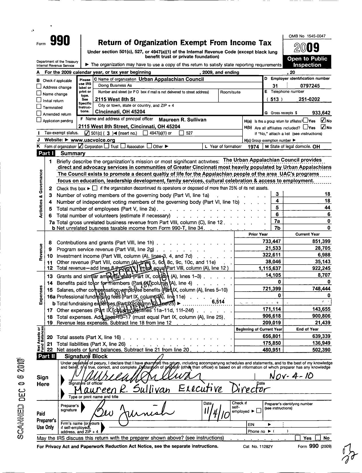 Image of first page of 2009 Form 990 for Urban Appalachian Council