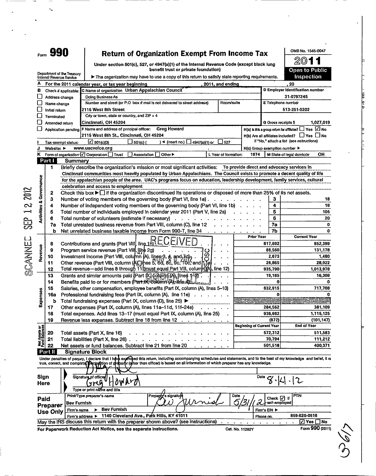 Image of first page of 2011 Form 990 for Urban Appalachian Council