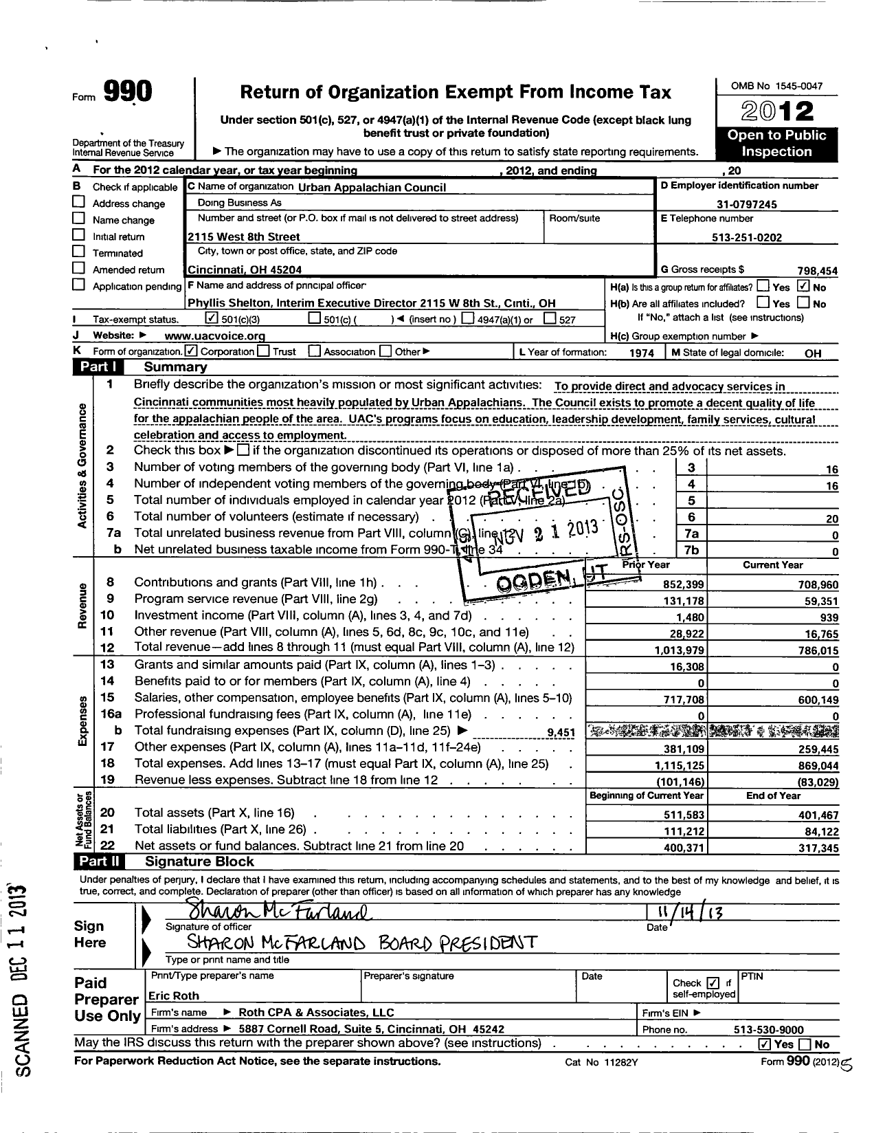 Image of first page of 2012 Form 990 for Urban Appalachian Council