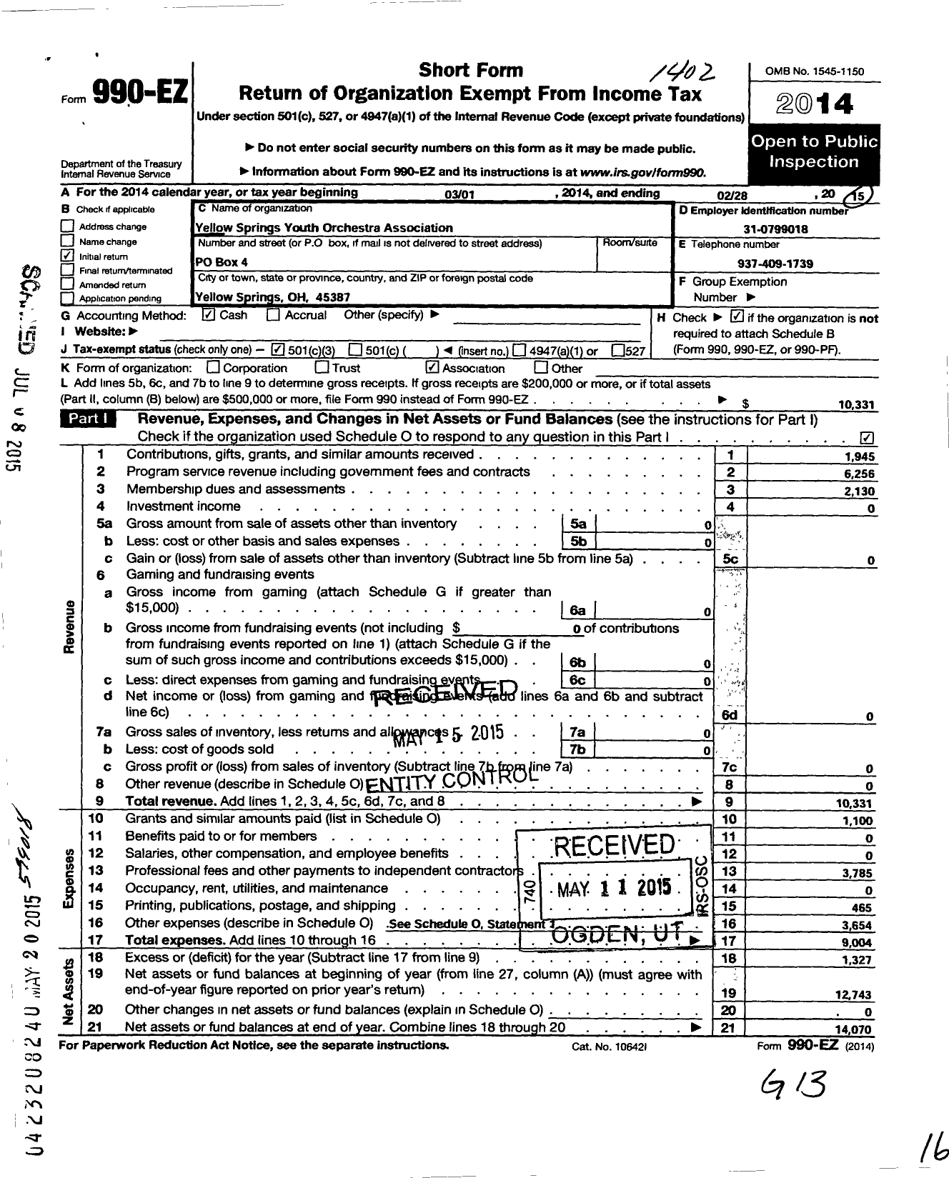 Image of first page of 2013 Form 990EZ for Yellow Springs Youth Orchestra Association