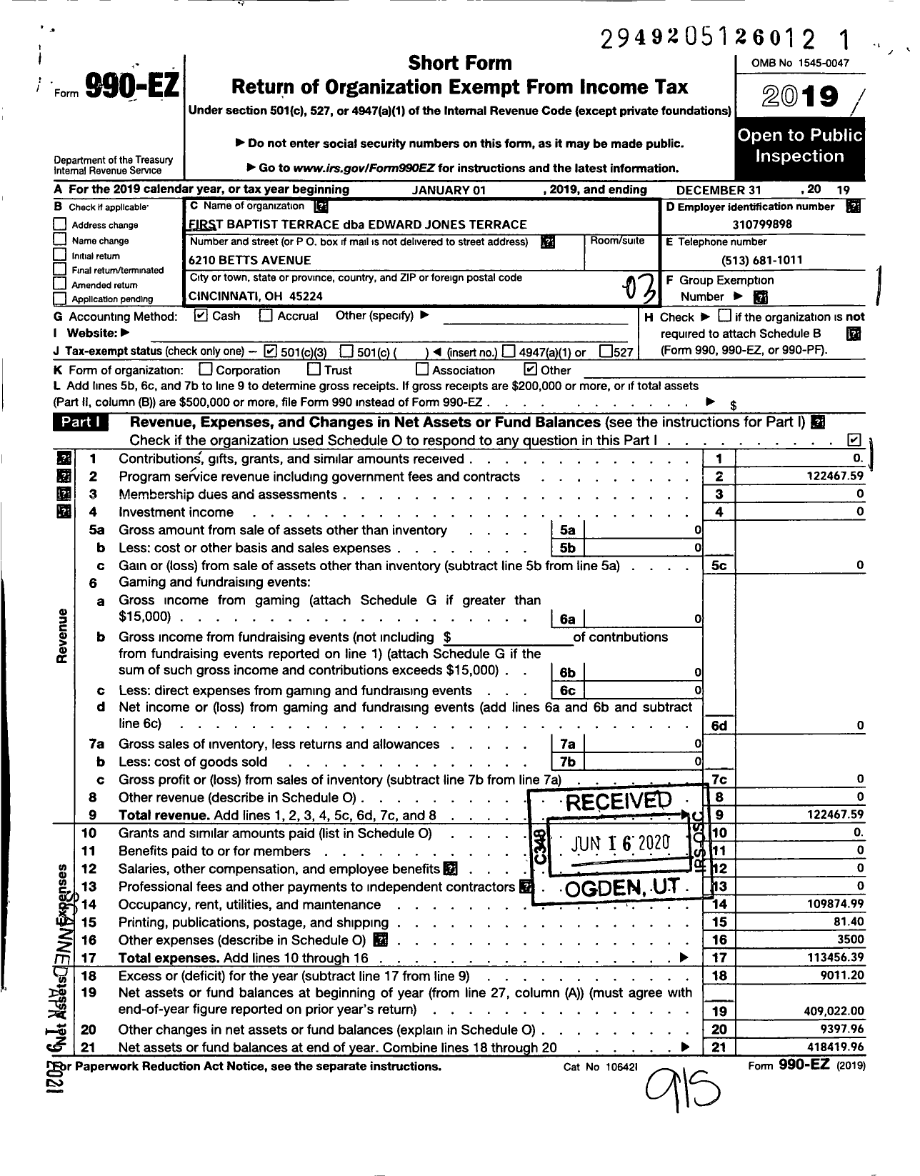 Image of first page of 2019 Form 990EZ for Edward Jones Terrace