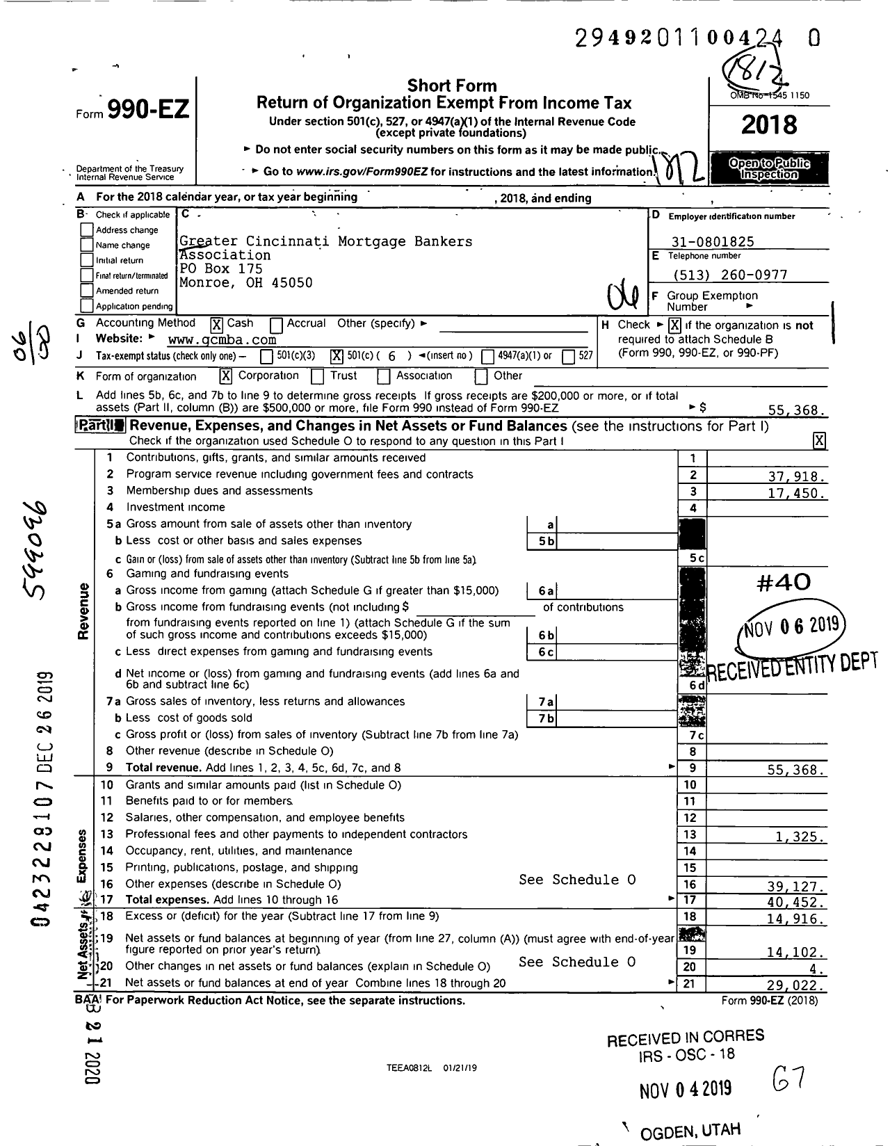 Image of first page of 2018 Form 990EO for Greater Cincinnati Mortgage Bankers Association