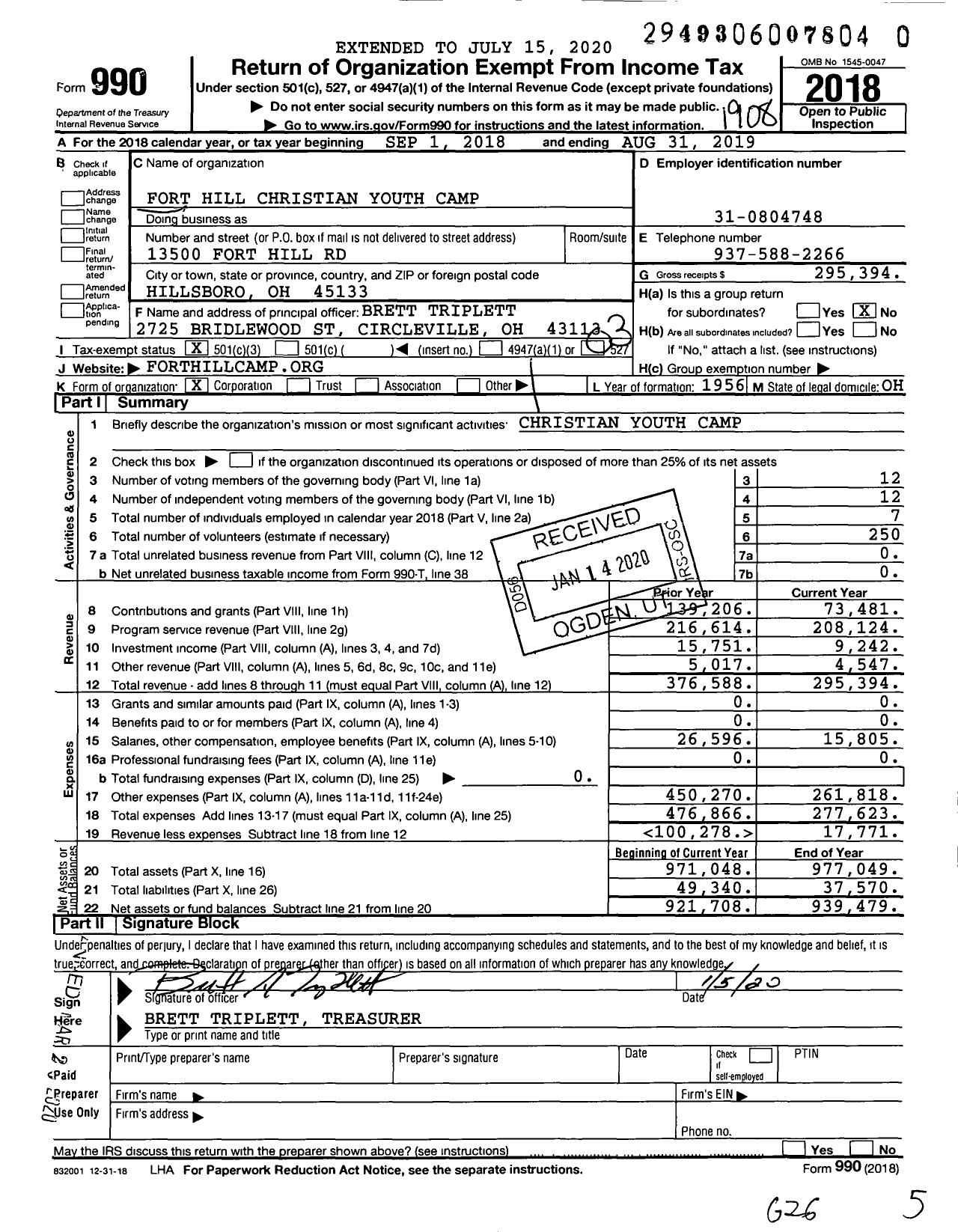 Image of first page of 2018 Form 990 for Fort Hill Christian Youth Camp