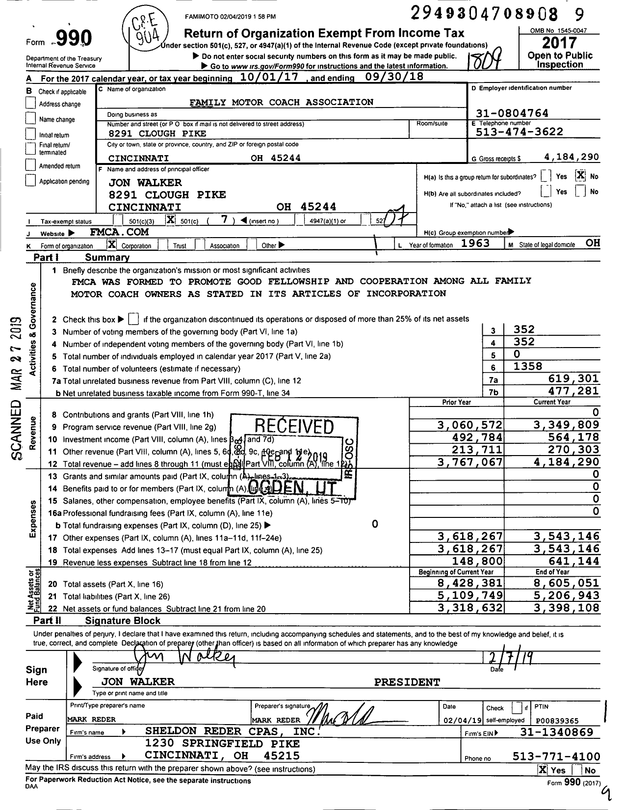 Image of first page of 2017 Form 990O for Family Motor Coach Association