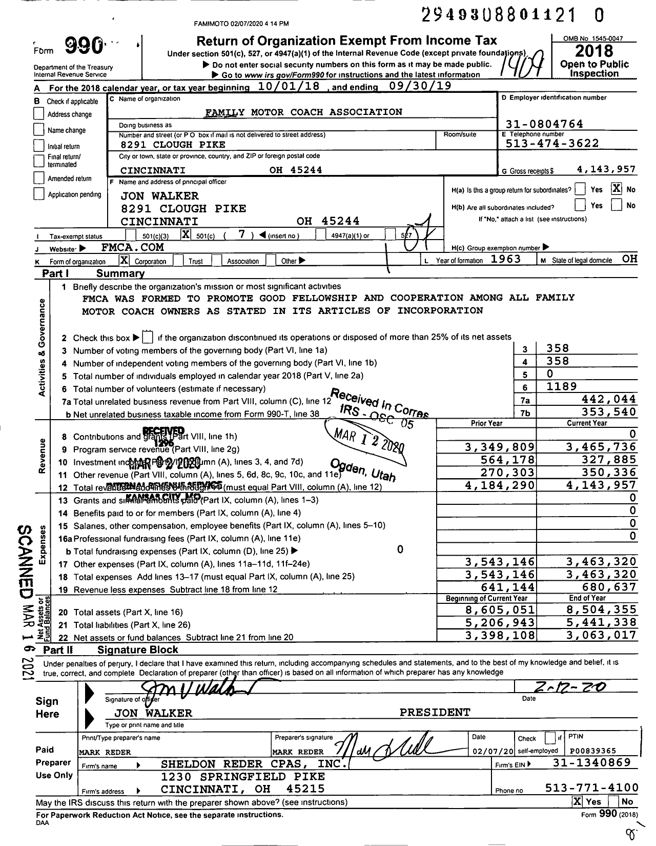 Image of first page of 2018 Form 990O for Family Motor Coach Association