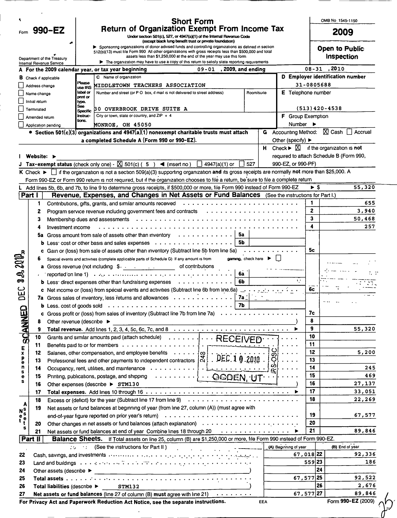 Image of first page of 2009 Form 990EO for Middletown Teachers Association