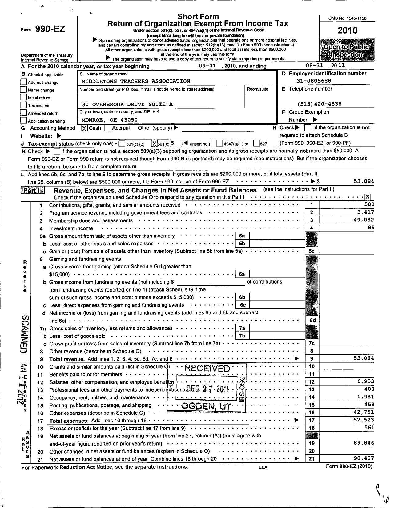 Image of first page of 2010 Form 990EO for Middletown Teachers Association