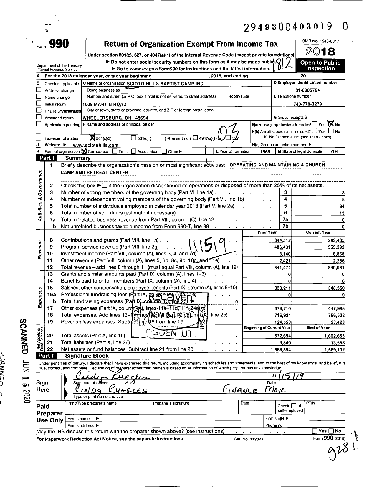 Image of first page of 2018 Form 990 for Scioto Hills Baptist Camp