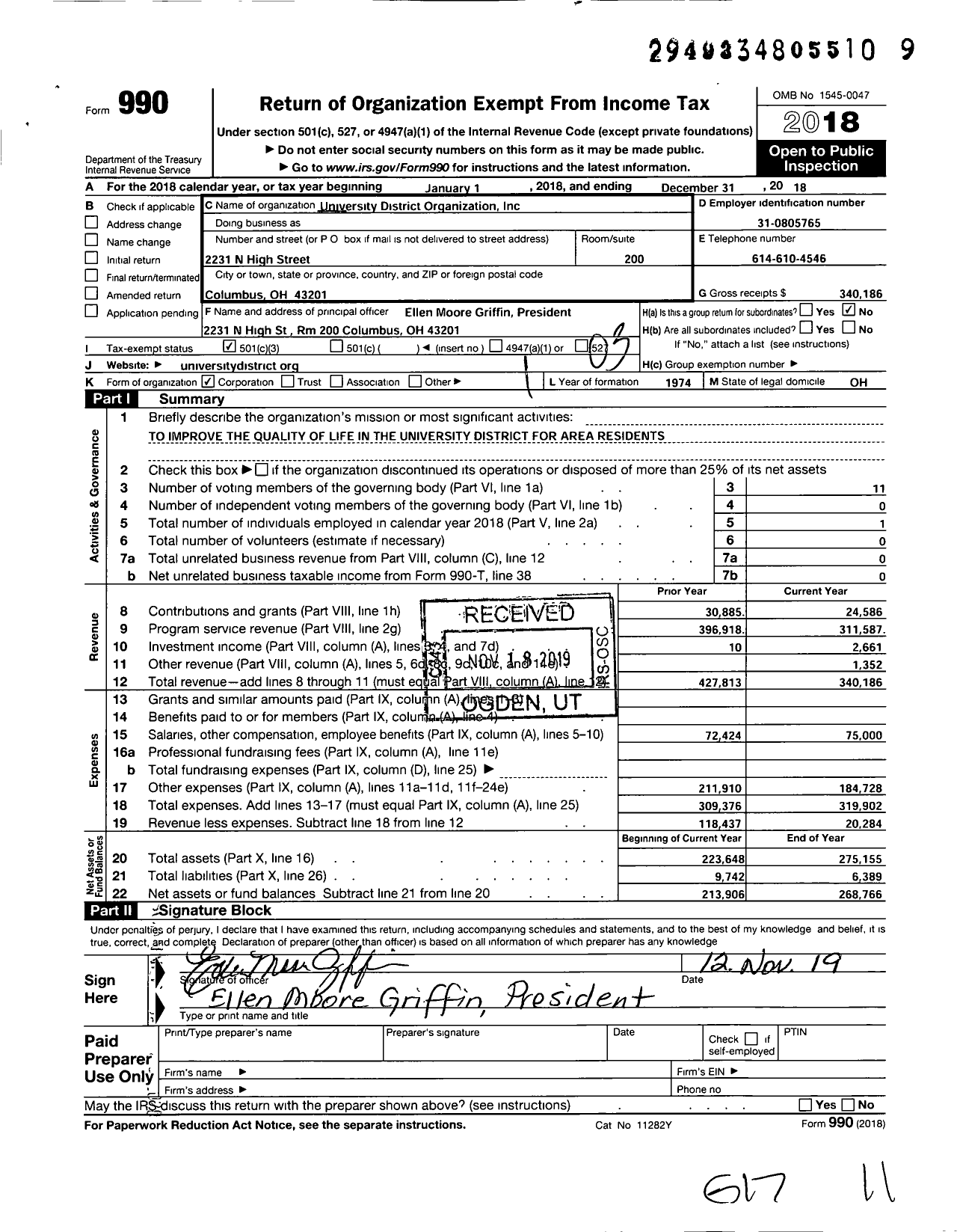 Image of first page of 2018 Form 990 for University District Organization