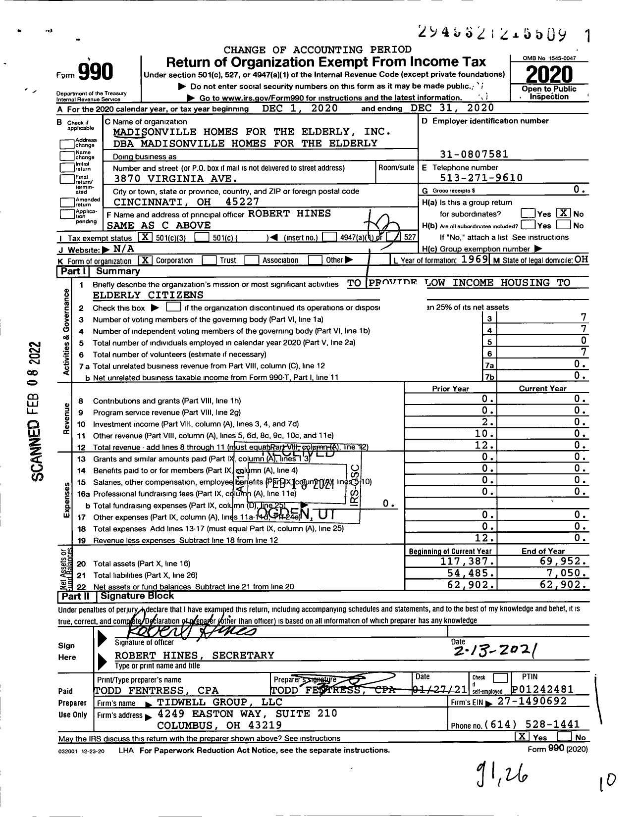 Image of first page of 2020 Form 990 for MADISONVILLE HOMES for THE Elderly