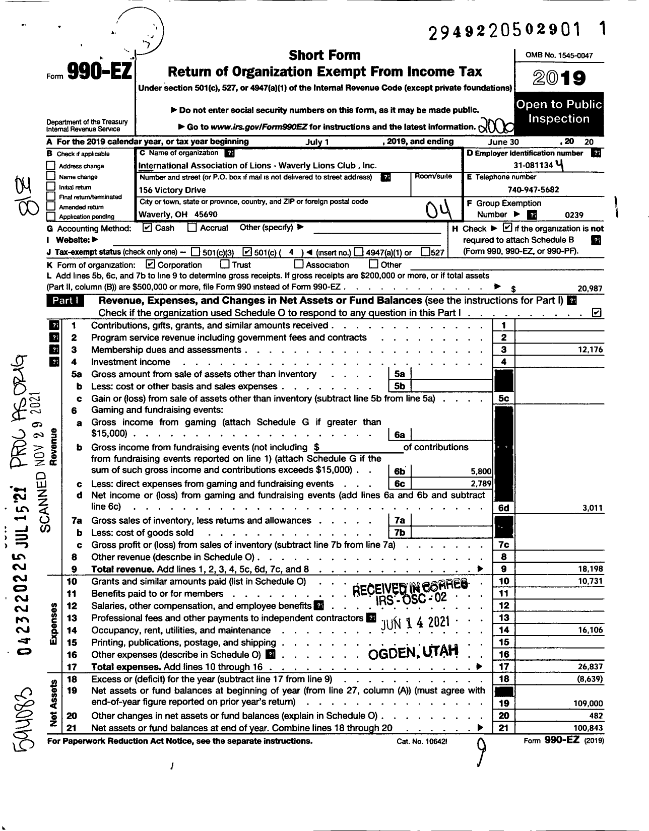 Image of first page of 2019 Form 990EO for Lions Clubs - 5596 Waverly