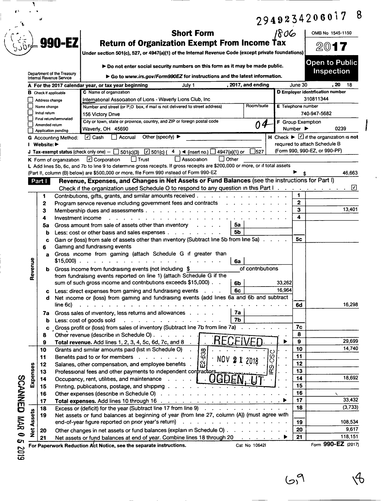 Image of first page of 2017 Form 990EO for Lions Clubs - 5596 Waverly