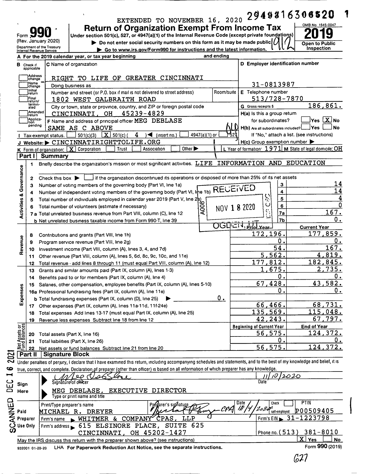 Image of first page of 2019 Form 990O for Right To Life of Greater Cincinnati