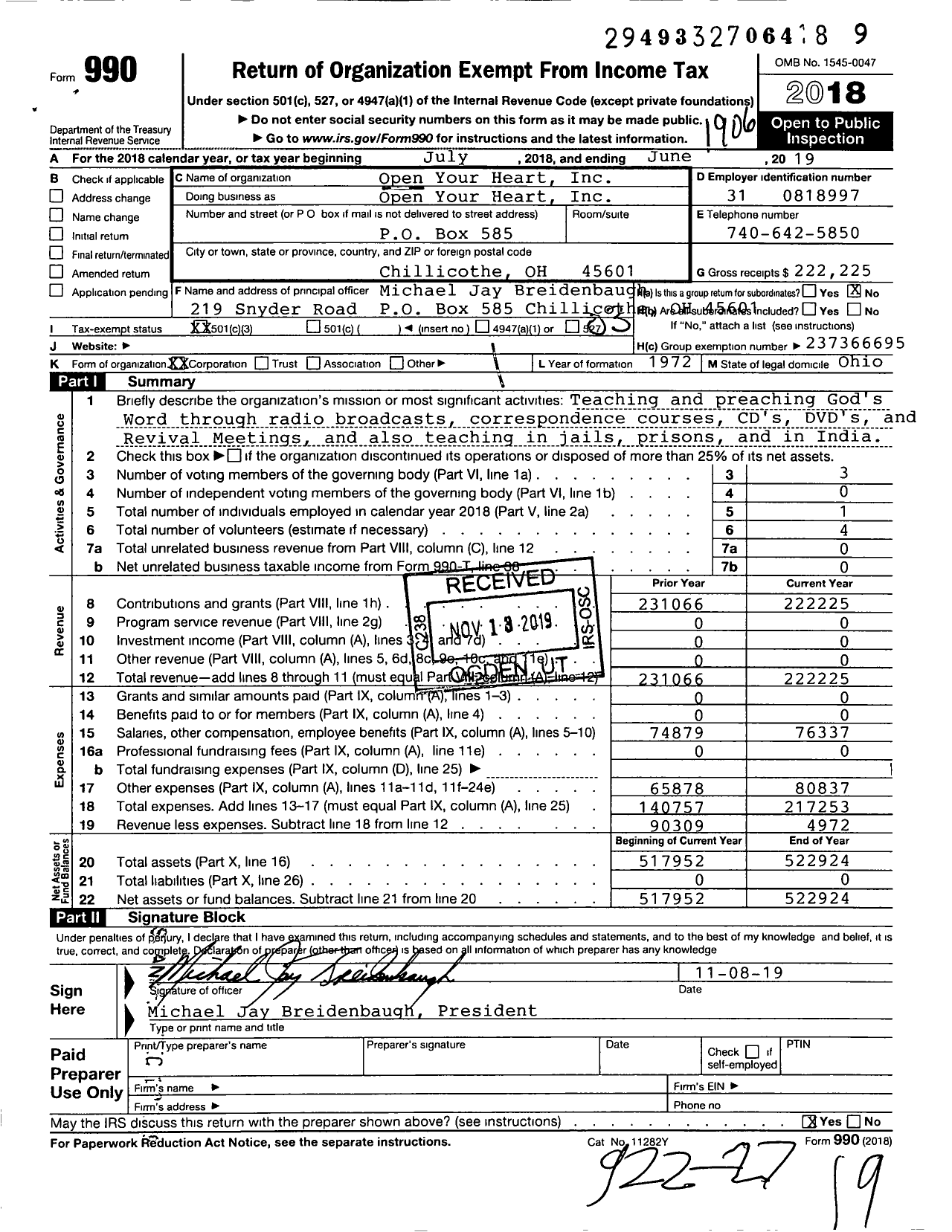 Image of first page of 2018 Form 990 for Open Yourheart