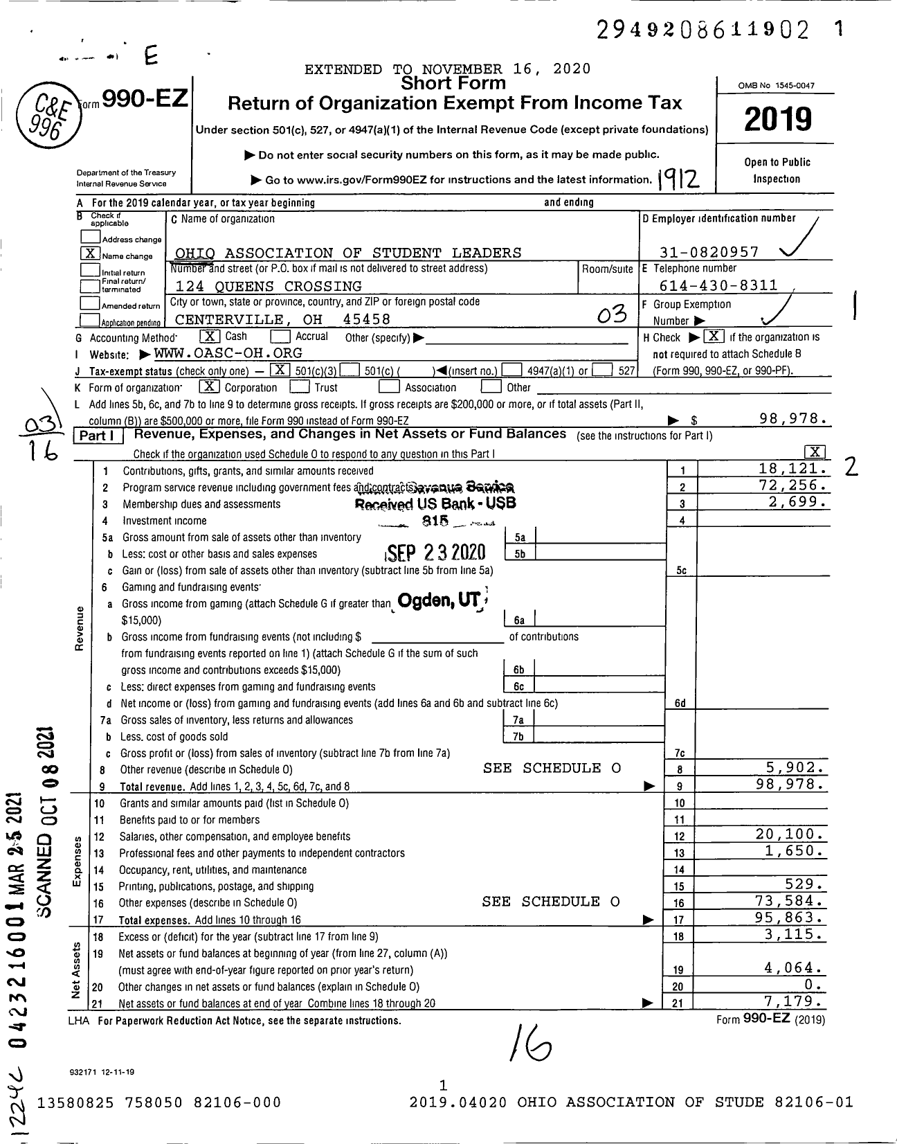 Image of first page of 2019 Form 990EZ for Ohio Association of Student Leaders