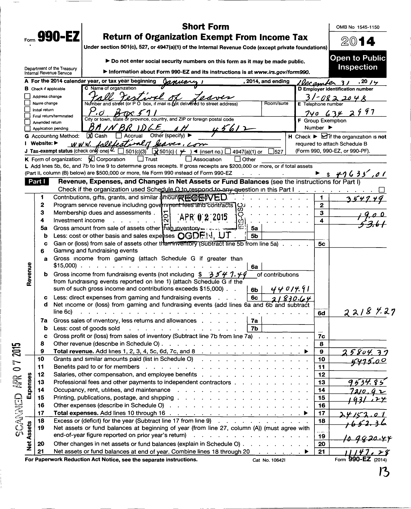 Image of first page of 2014 Form 990EO for Fall Festival of Leaves