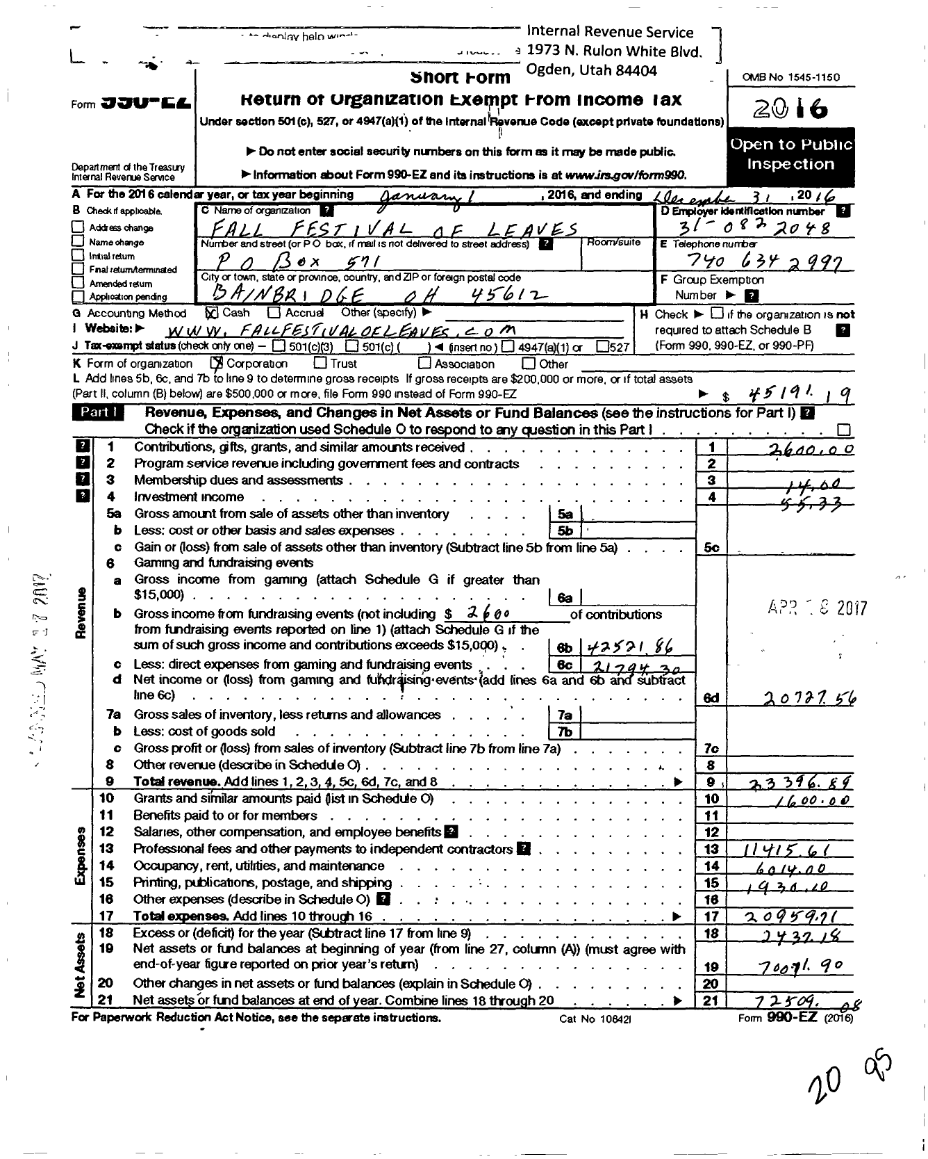 Image of first page of 2016 Form 990EO for Fall Festival of Leaves