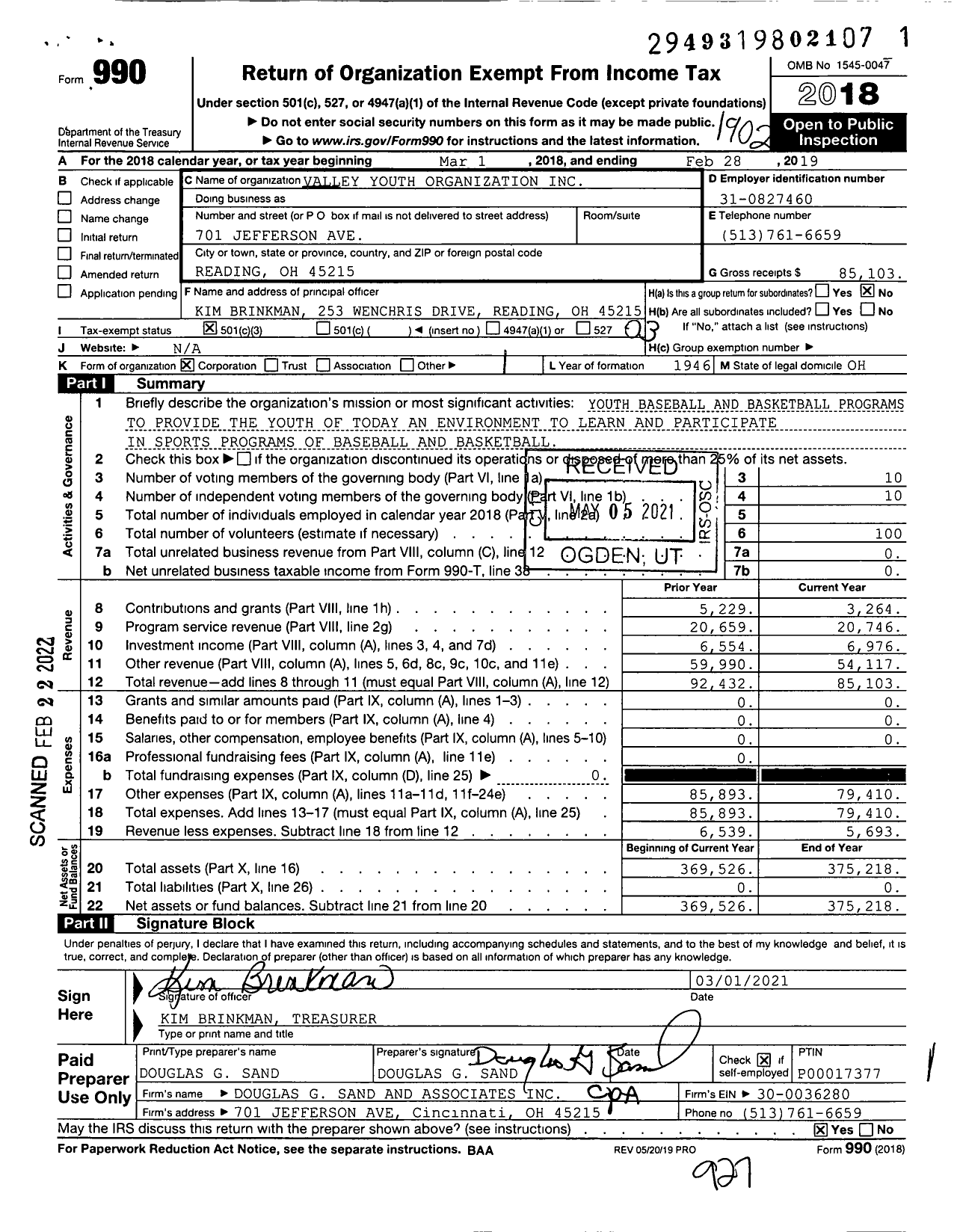 Image of first page of 2018 Form 990 for Valley Youth Organization