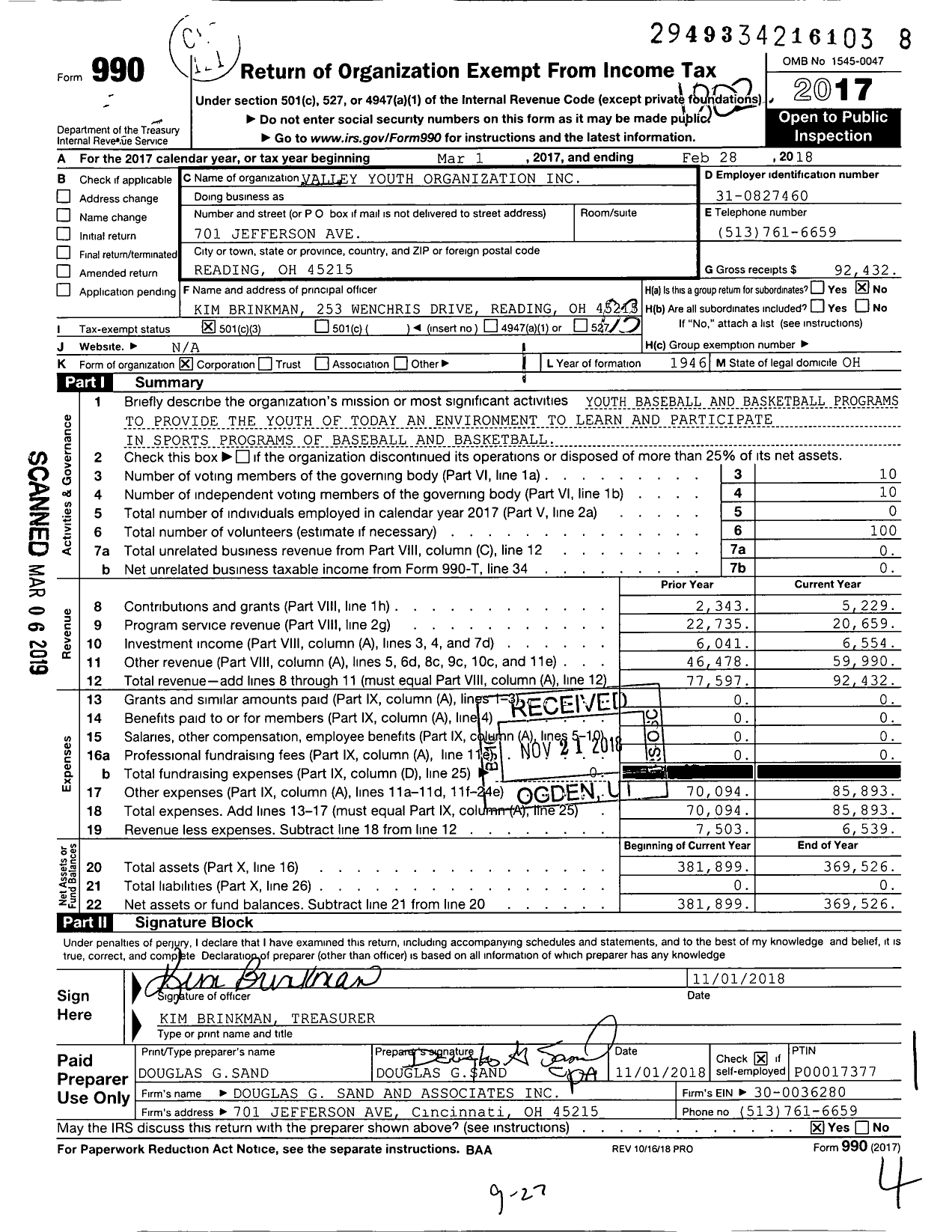Image of first page of 2017 Form 990 for Valley Youth Organization