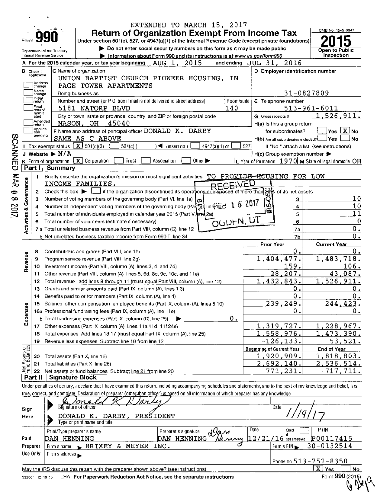Image of first page of 2015 Form 990 for Union Baptist Church Pioneer Housing In Page Tower Apartments