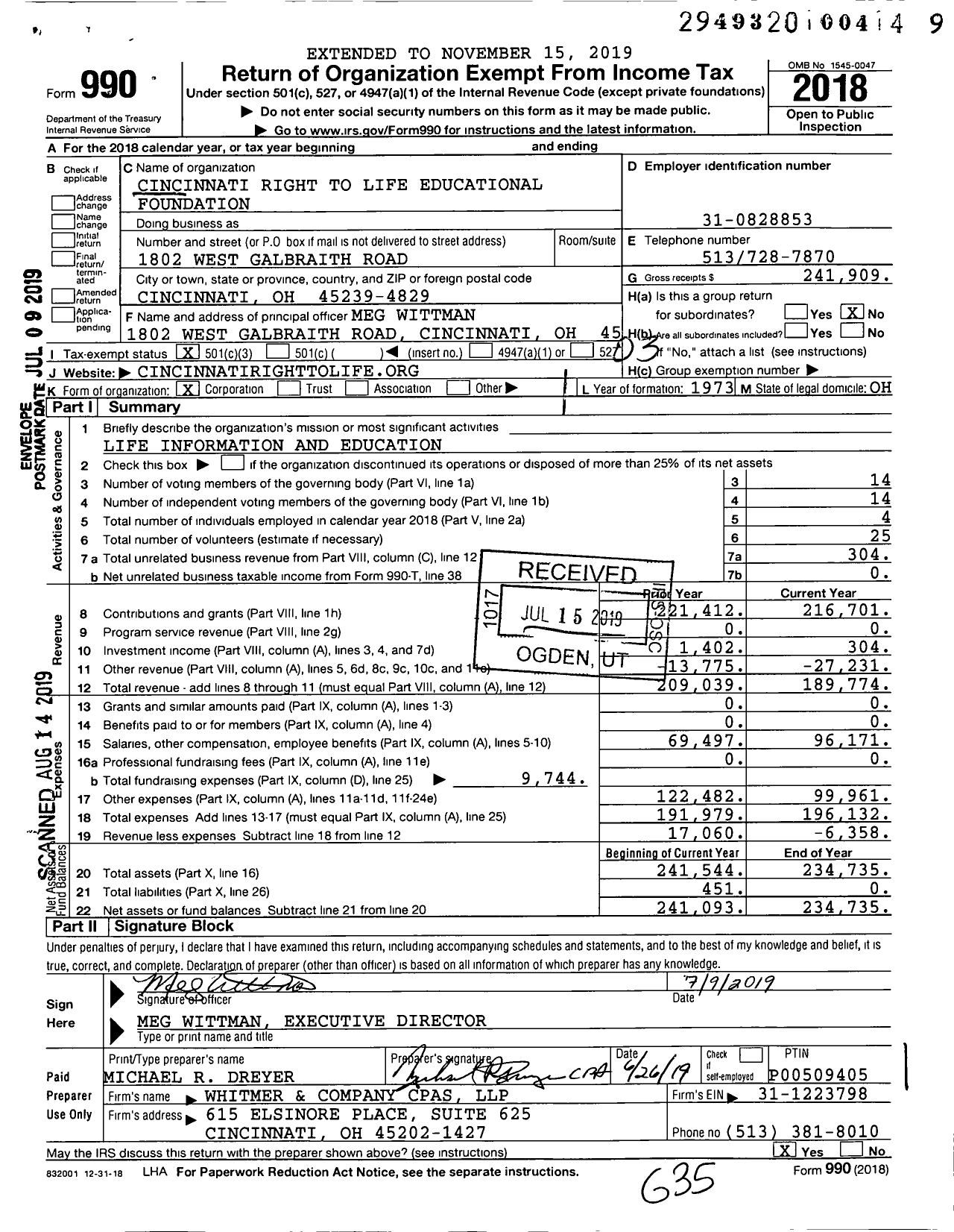 Image of first page of 2018 Form 990 for Cincinnati Right To Life Educational Foundation