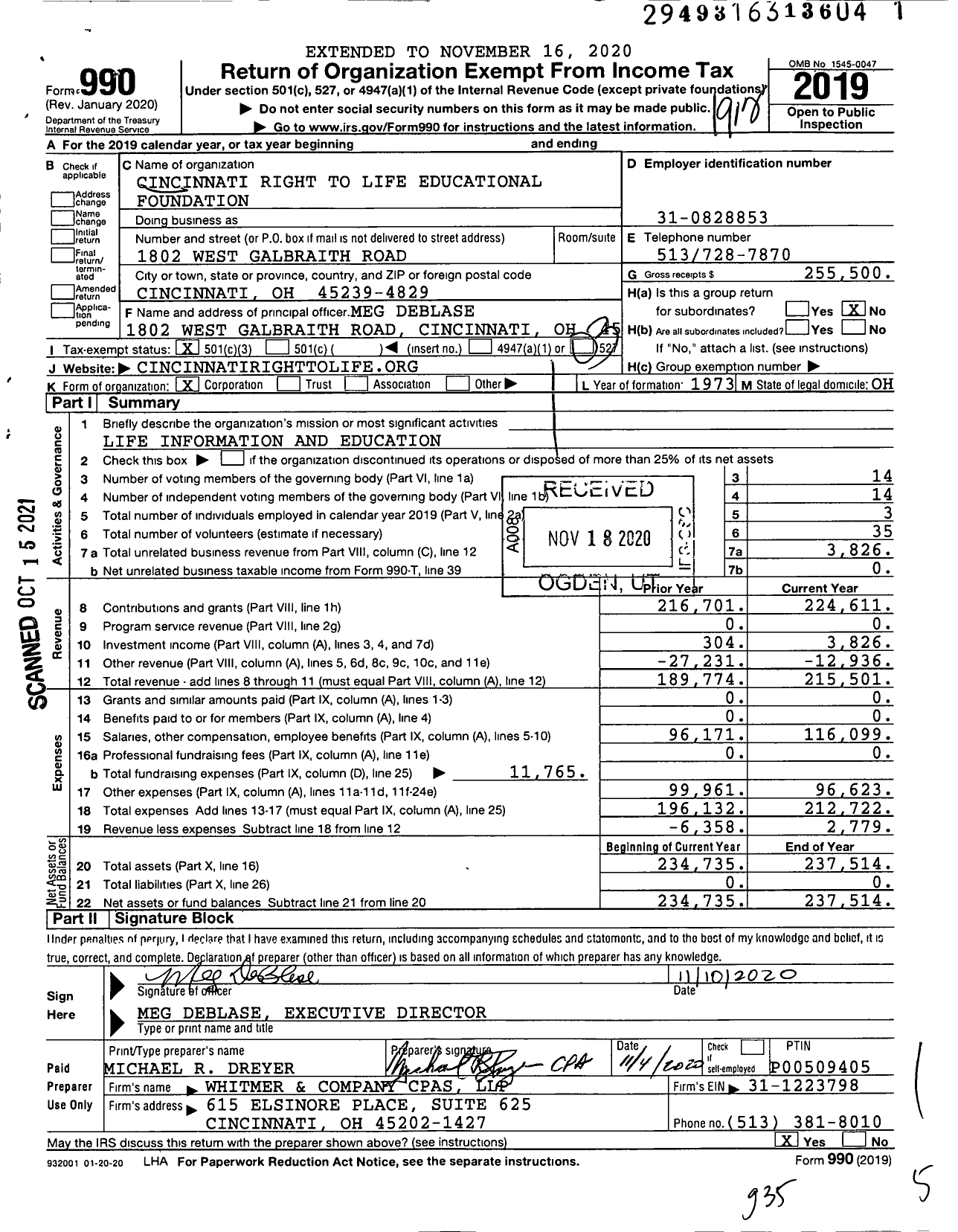 Image of first page of 2019 Form 990 for Cincinnati Right To Life Educational Foundation